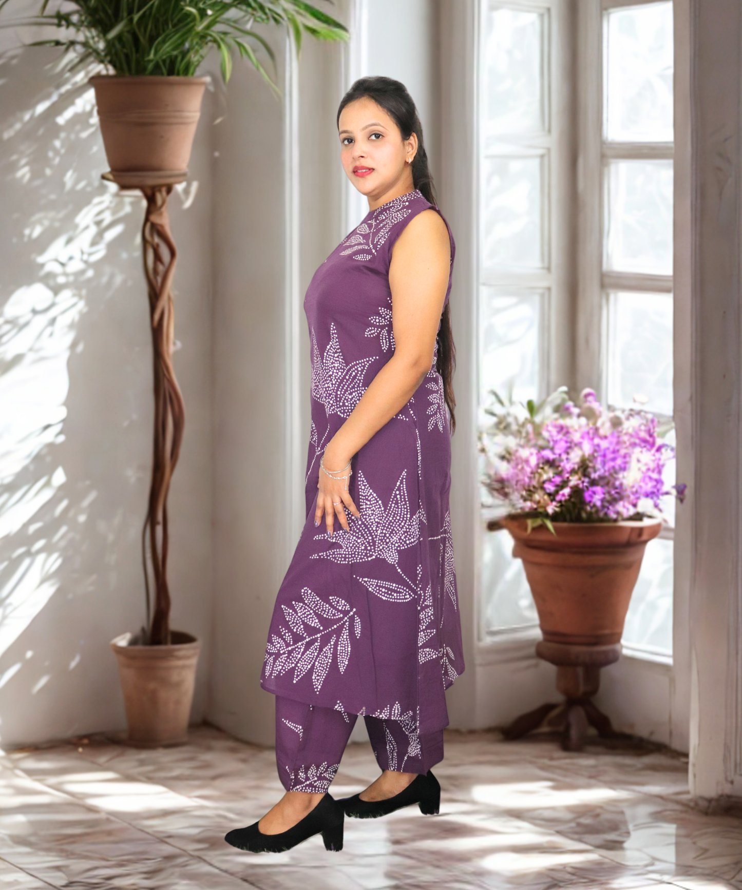 Women's Sleeveless Coordinated outfit, Purple with White Dotted Floral Print