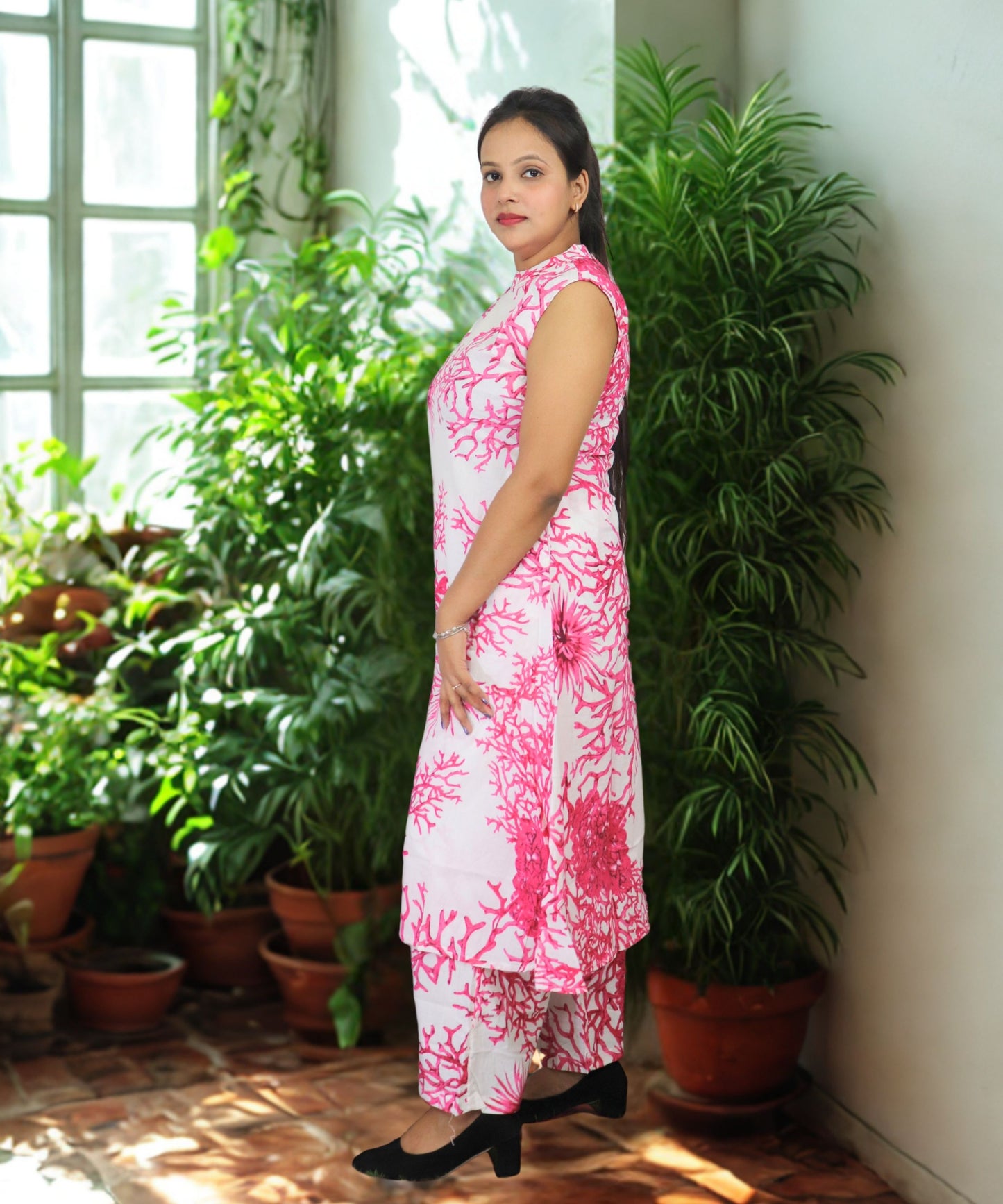 Women's Floral Print Sleeveless Co-ord Set, White and Pink, Coral Pattern