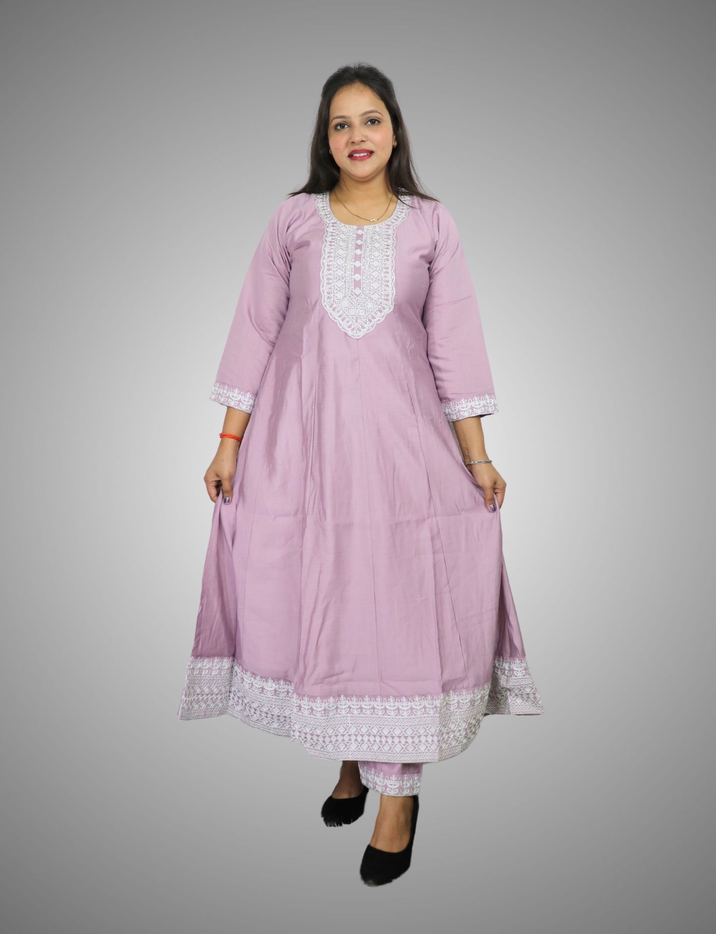 Traditional Embroidered Cotton Anarkali Suit Set, Lilac Purple with White Thread Work, 3 Piece