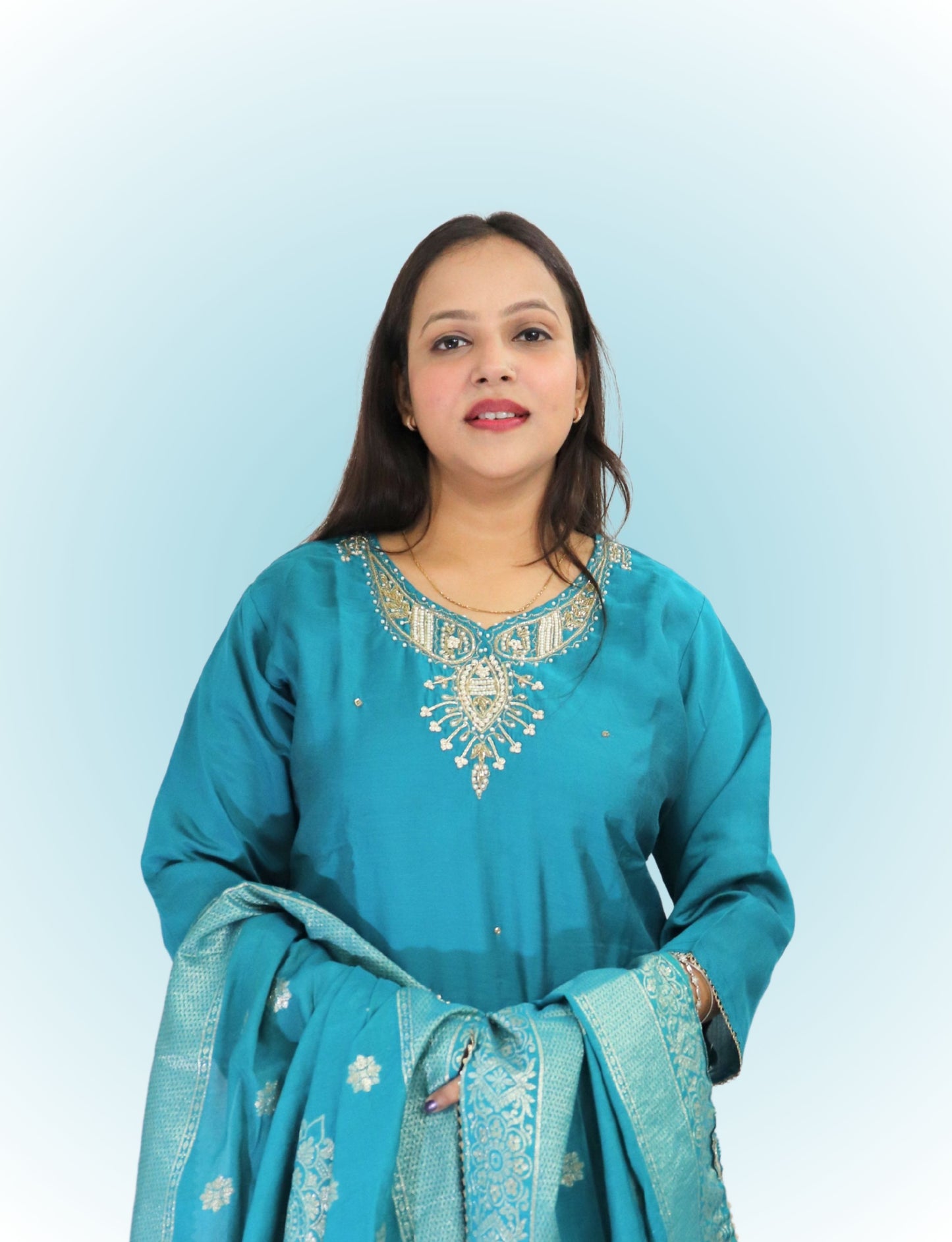 Traditional Turquoise Cotton blend with silk Salwar Suit with Embroidered Dupatta, Full Length