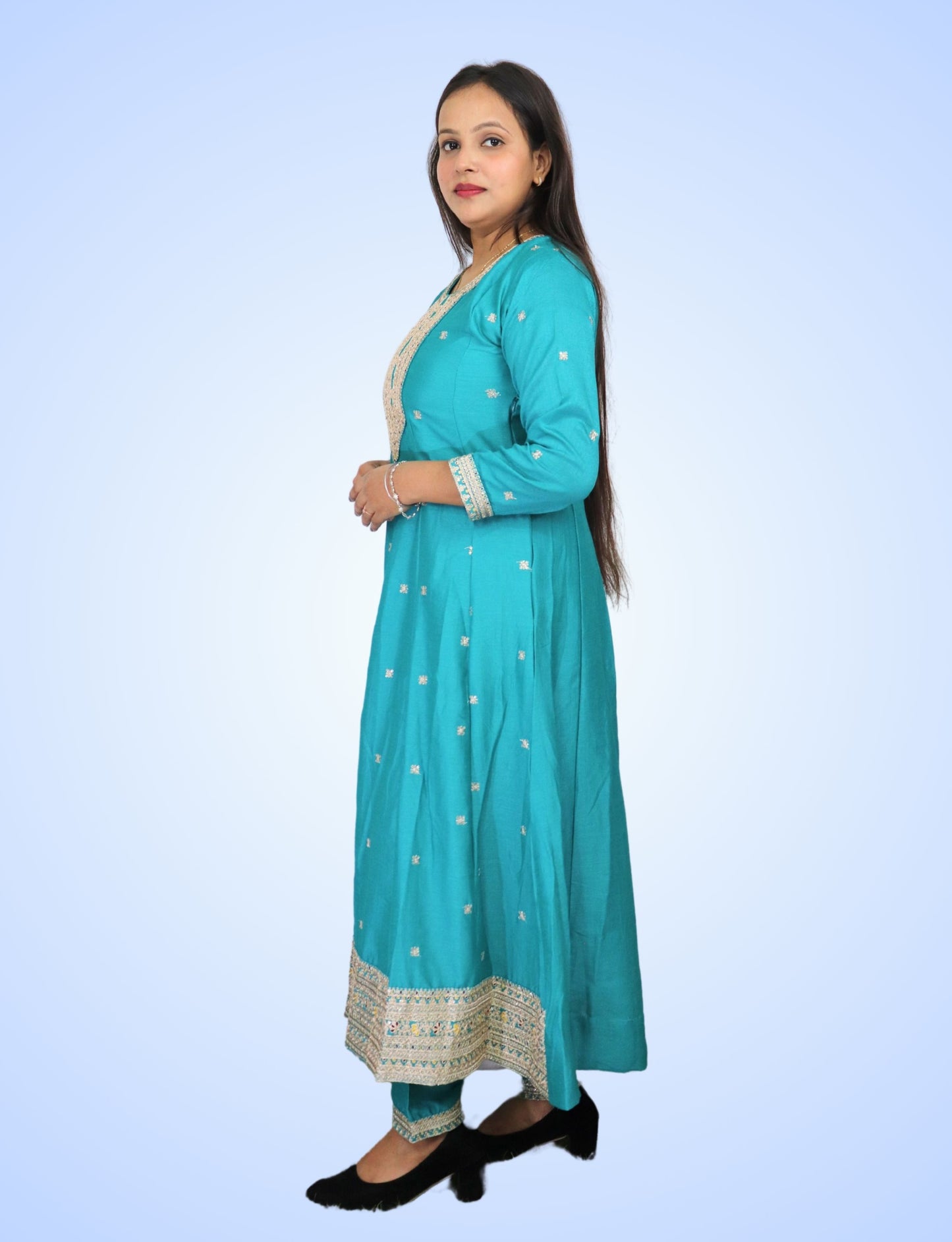 Traditional Turquoise Embroidered Anarkali Suit Set with Yellow Dupatta, 3-Piece Ethnic Wear