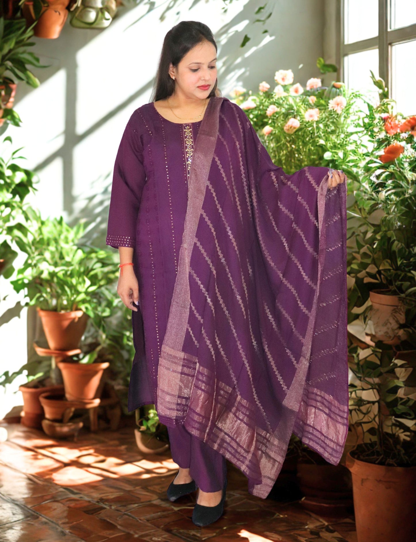 Traditional Purple Cotton Salwar Suit Set with Embroidered Kurta, Salwar and Dupatta