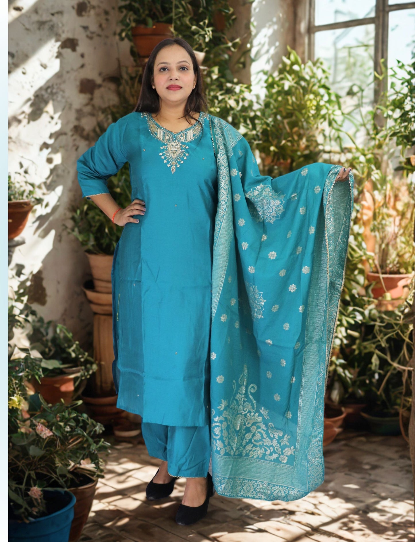 Traditional Turquoise Cotton blend with silk Salwar Suit with Embroidered Dupatta, Full Length