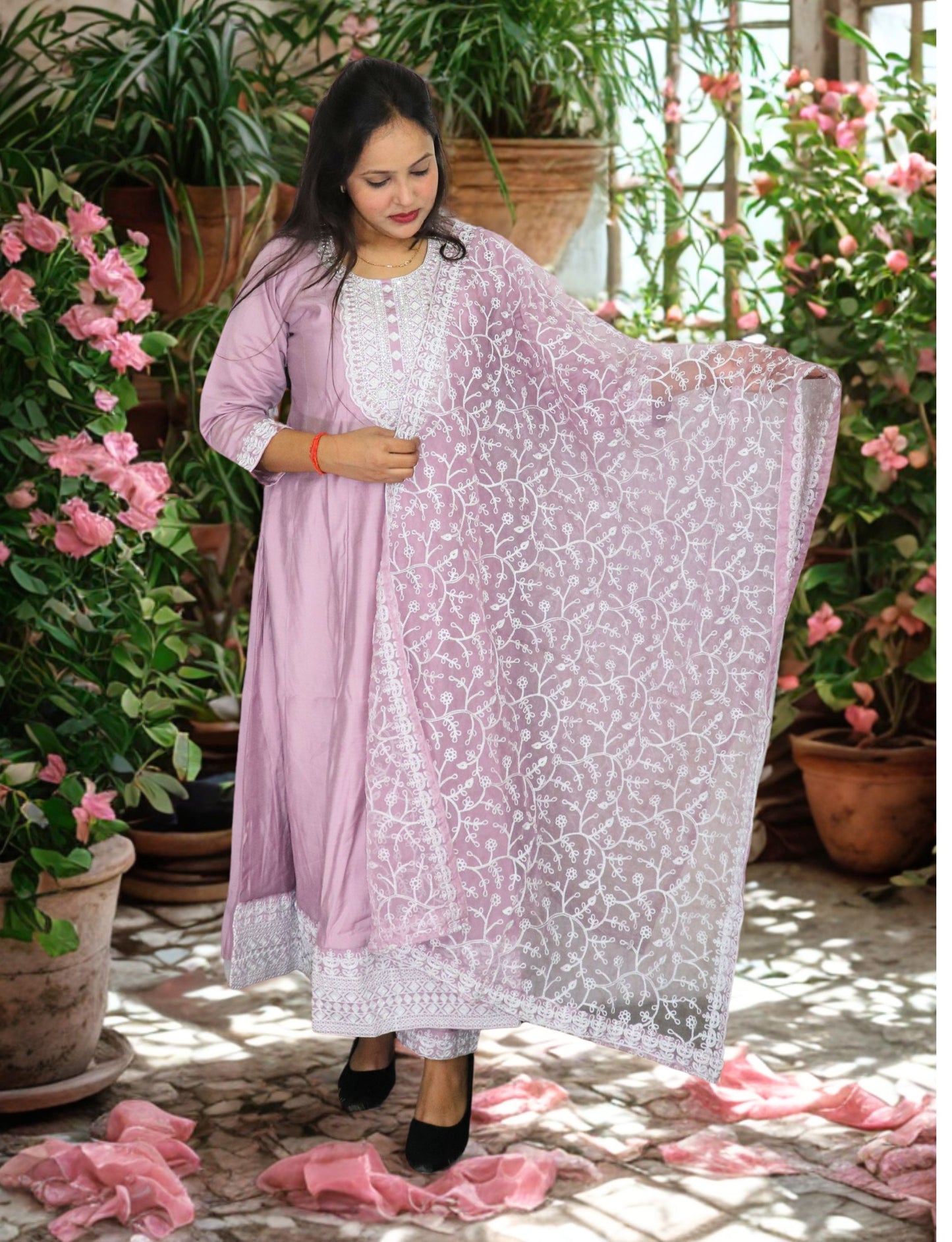Traditional Embroidered Cotton Anarkali Suit Set, Lilac Purple with White Thread Work, 3 Piece