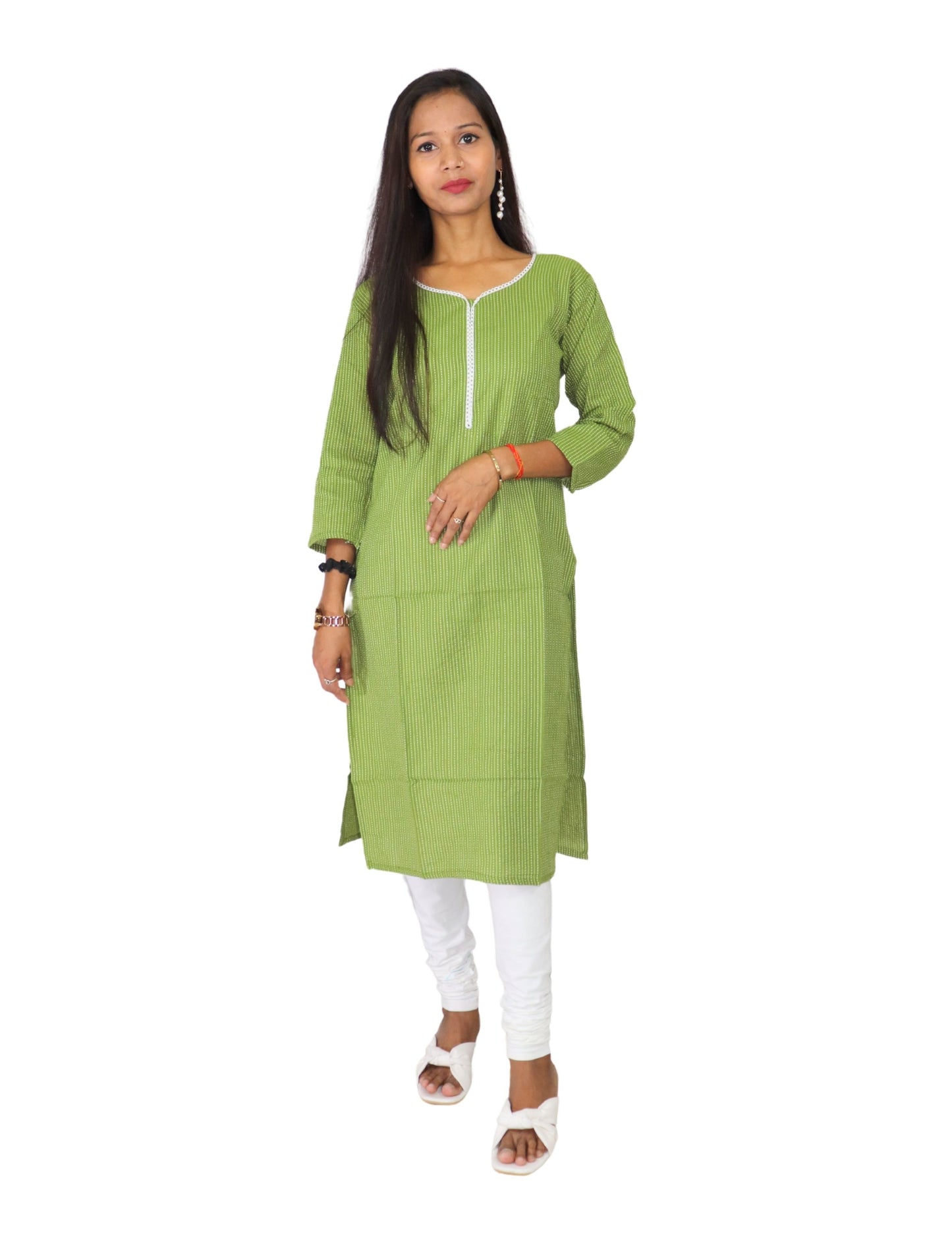 Vedickulture Women's Cotton Kurta with White Trim, Long Sleeve, Green Striped Pattern