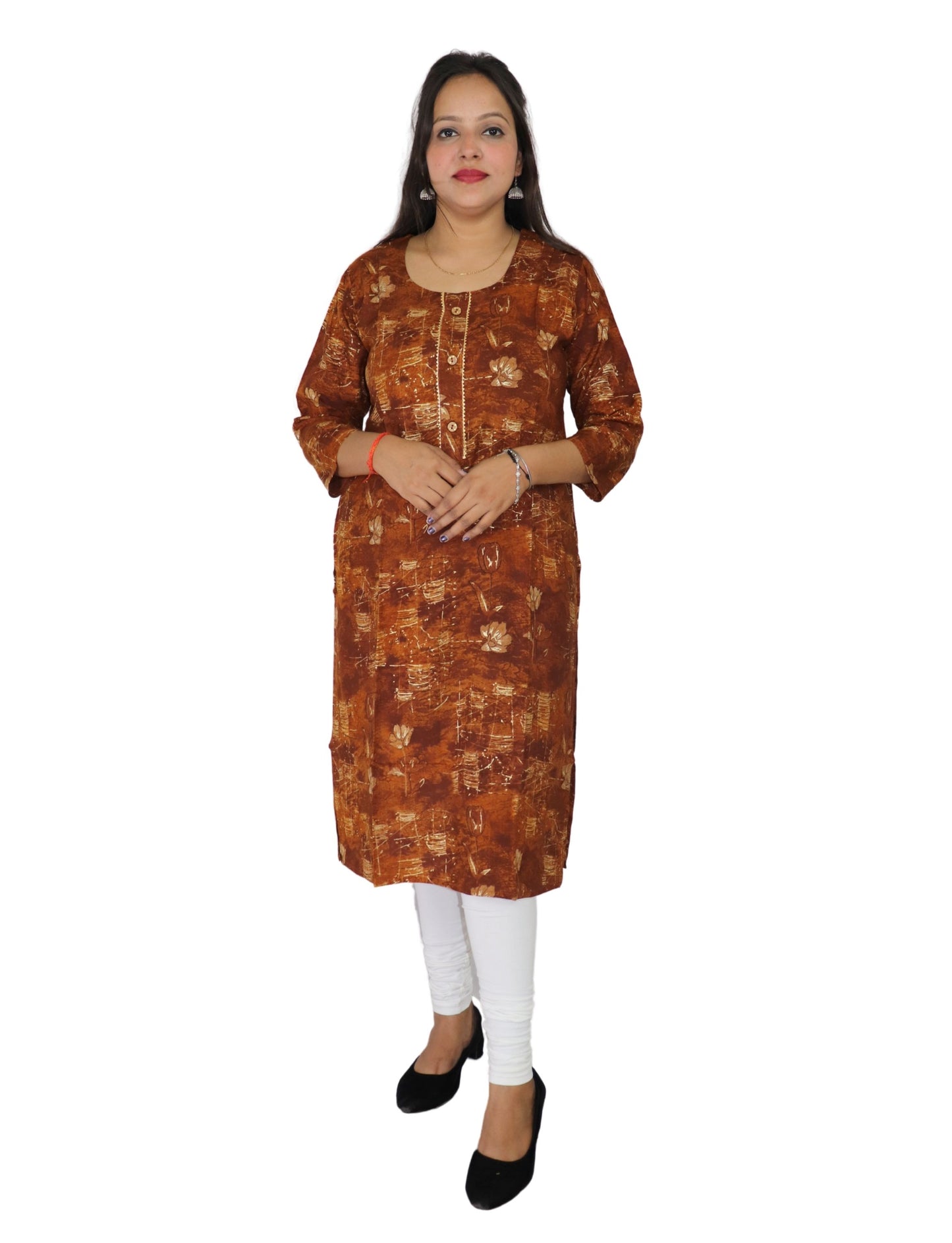 Women's Brown Floral Print Cotton Kurti, 3/4 Sleeve, Button Front, Casual Wear