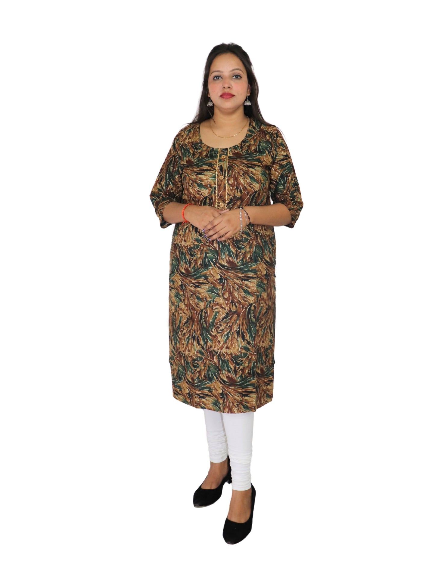 Women's Printed Cotton Kurti, 3/4 Sleeve, Brown and Green Leaf Pattern, Casual Wear