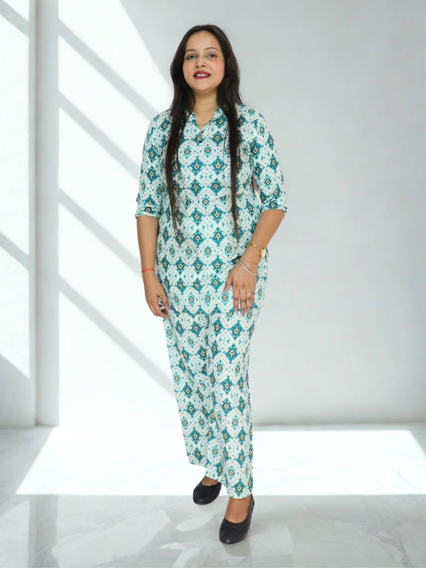 Women's Printed Rayon Night Wear Top and Bottom Night Suit Set