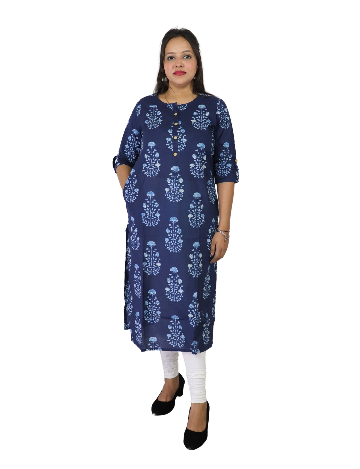 Vedickulture Women's Floral Print Cotton Kurti, Navy Blue with Light Blue Pattern, 3/4 Sleeves, Button Front Search this page