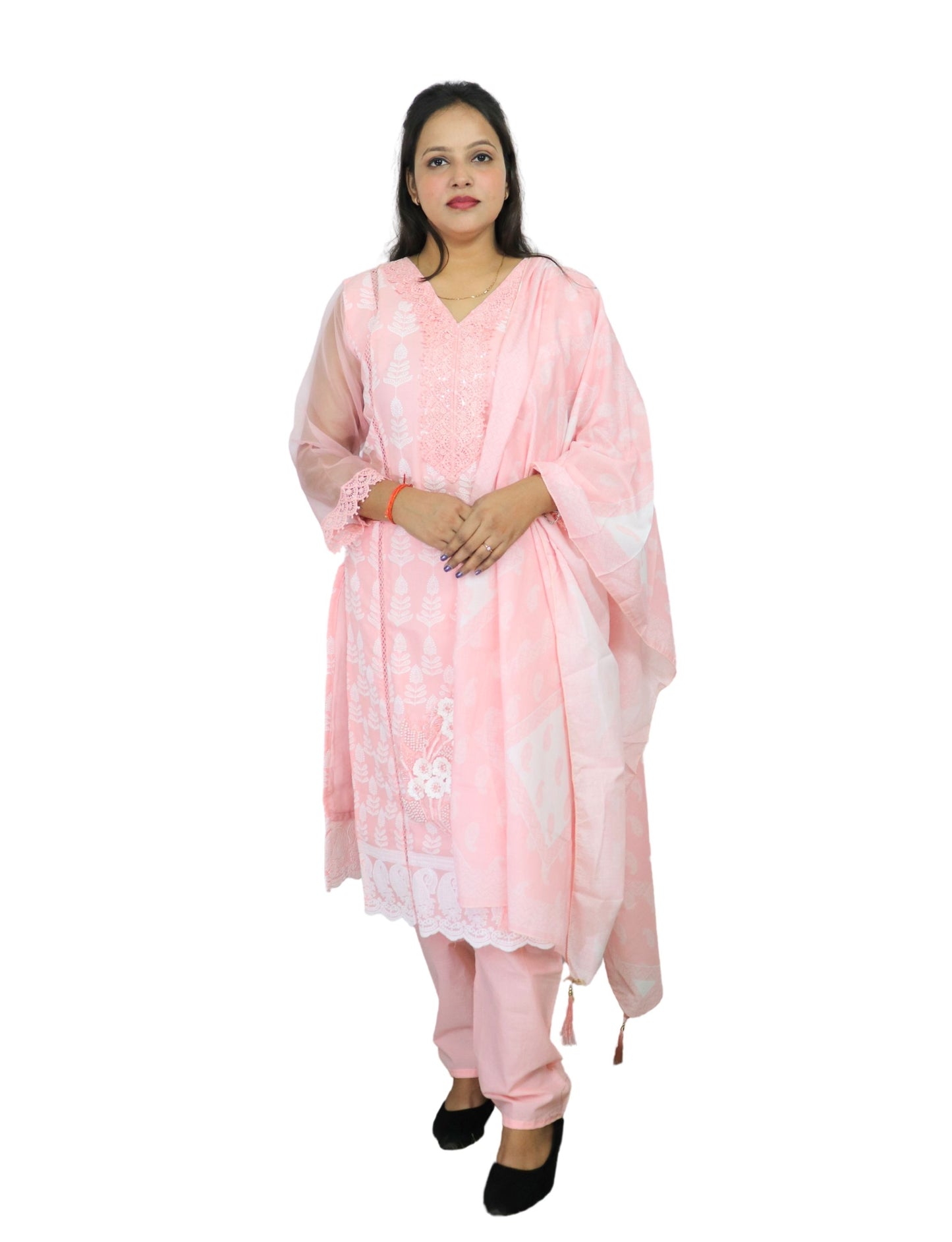 Women's Pink Embroidered Cotton Salwar Suit with Dupatta, Party Wear