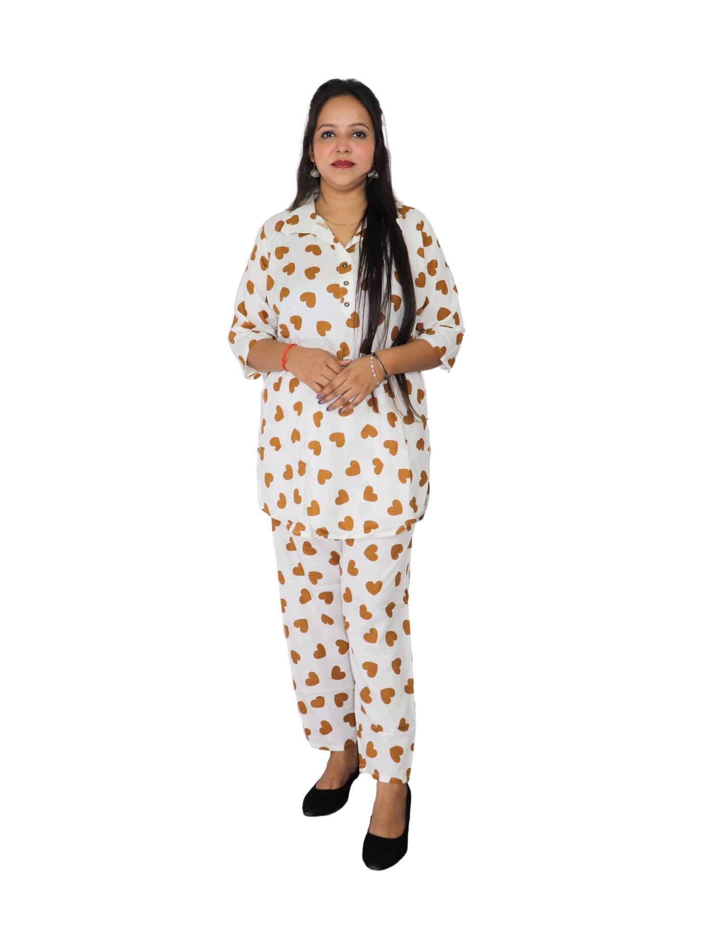 Women's Heart Print Cotton Co-ord Set, White with Brown Hearts, 3/4 Sleeve Top and Pants