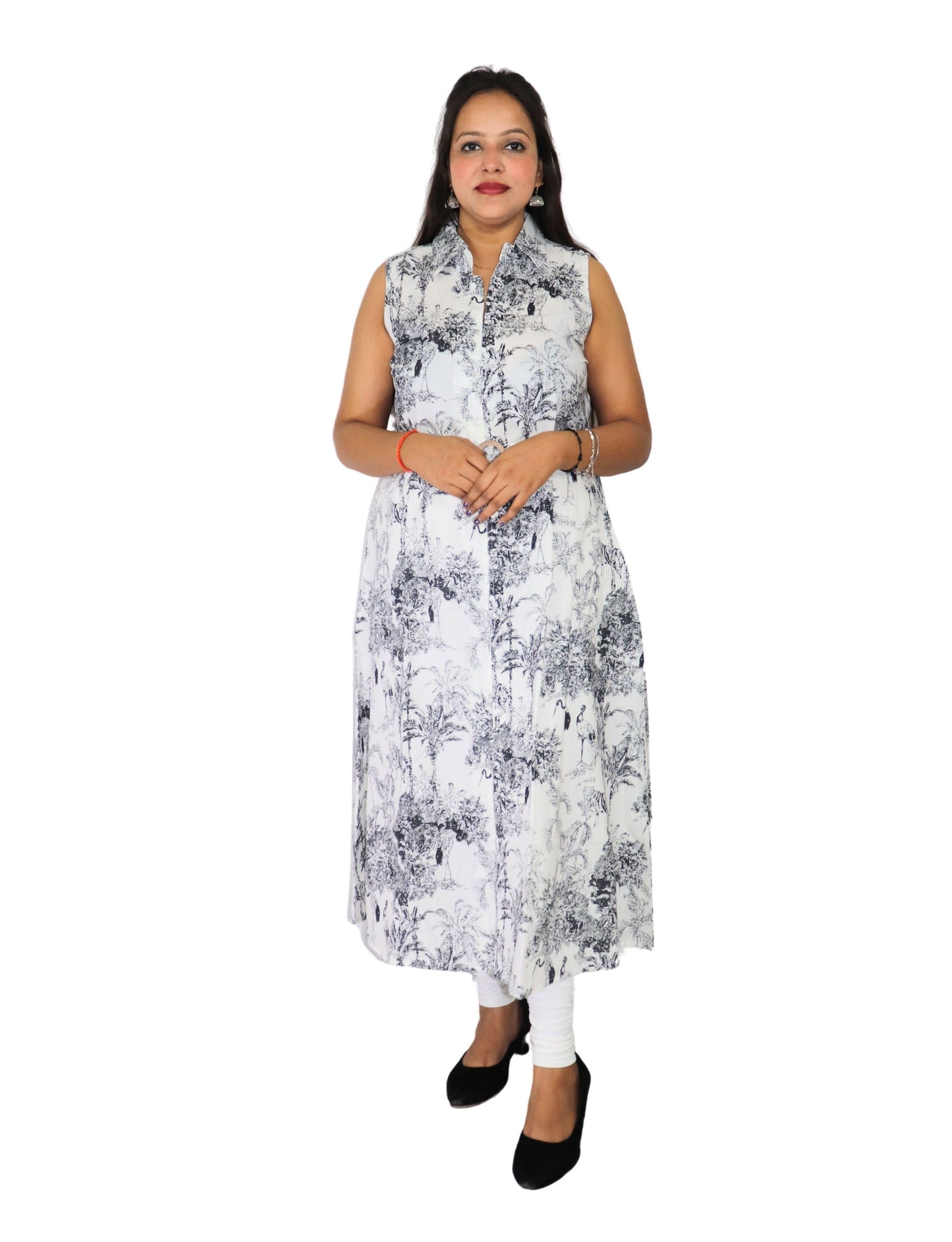 Vedickulture Sleeveless Floral Print Long A-line Kurties, White and Grey Pattern, Collared Neck with Belt