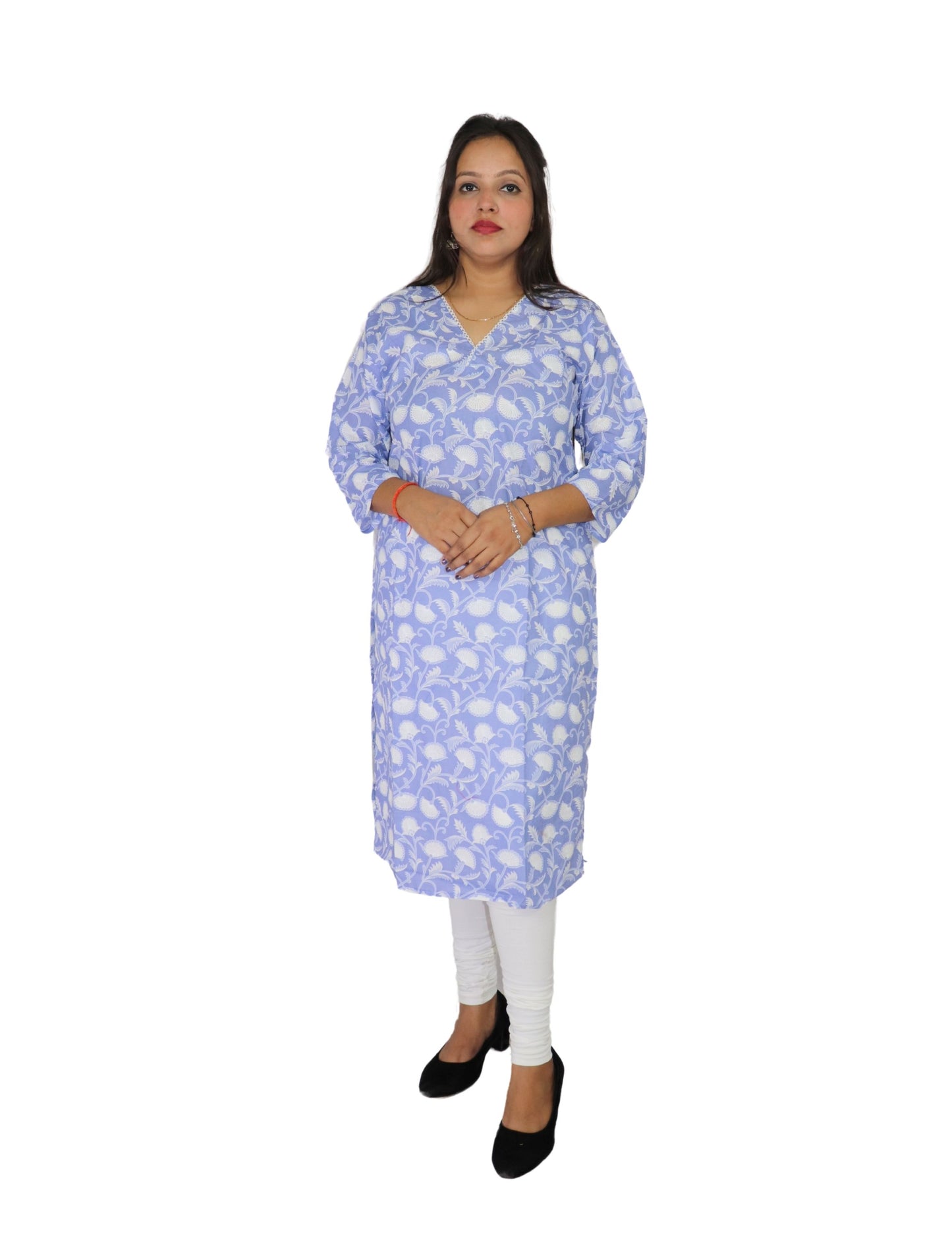 Vedickulture Floral Print Cotton Kurti, V-Neck, 3/4 Sleeve, Light Blue and White, Casual Wear