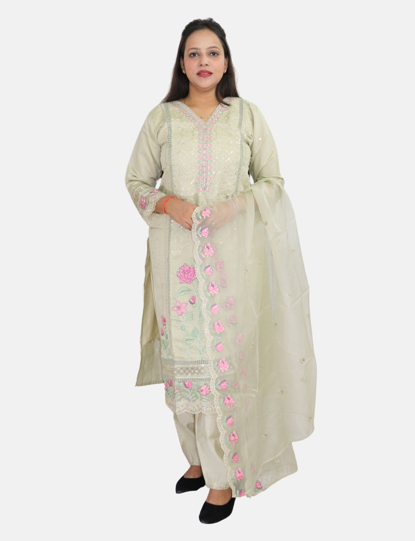Women's Embroidered Cotton Salwar Suit Set, Light Sage Green with Pink Floral Work, 3 Piece