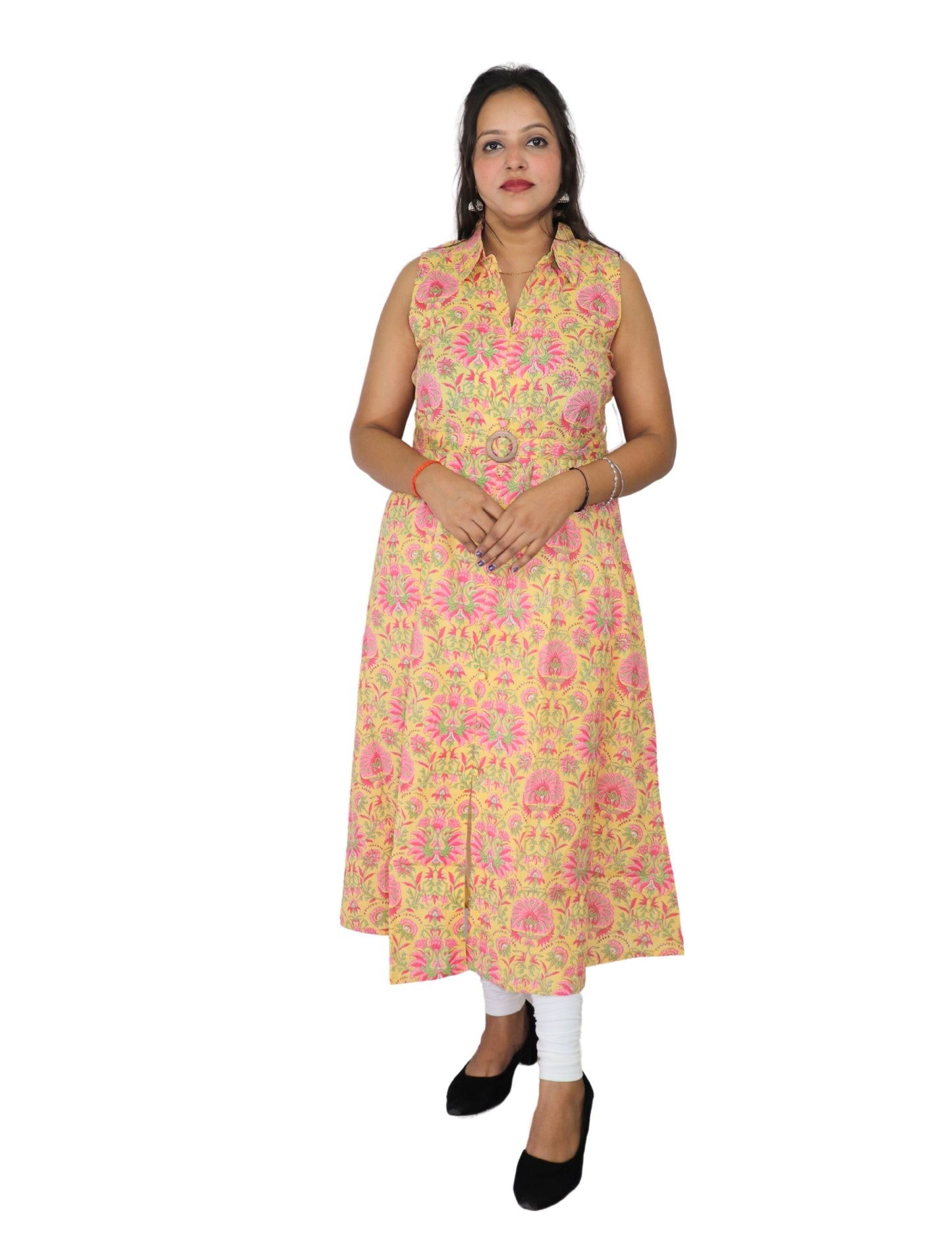 Vedickulture Floral Print Sleeveless Long A-line Kurta, Yellow and Pink, Collared Neck with Belt