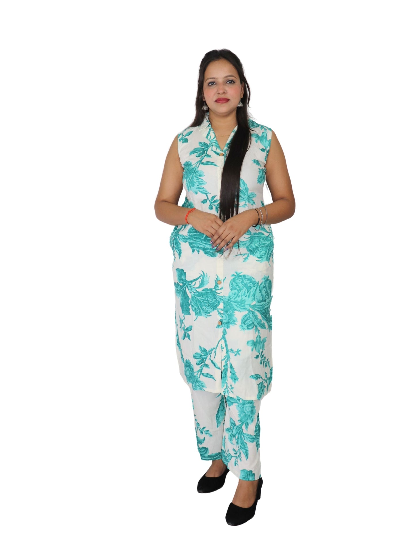 Women's Floral Print Sleeveless Co-ord Set, White and Turquoise, Cotton Blend