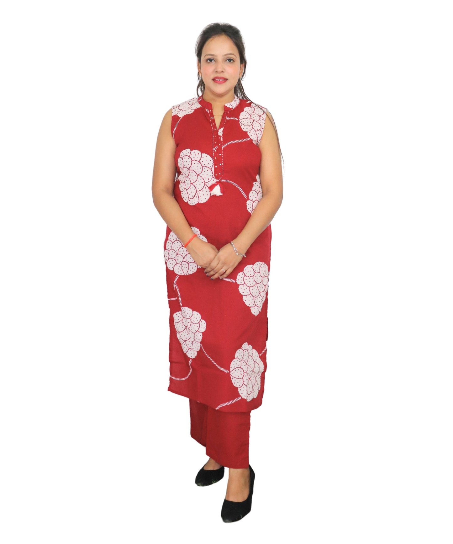 Women's Floral Print Cotton Kurta Set with Mandarin Collar, Sleeveless, Red and White