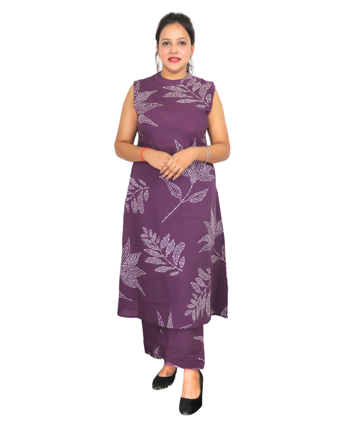 Women's Sleeveless Coordinated outfit, Purple with White Dotted Floral Print