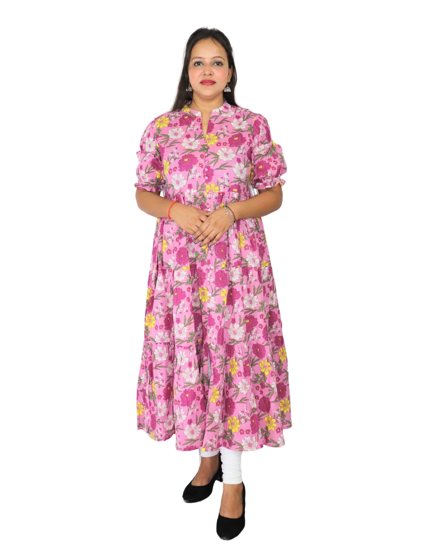 Floral Anarkali Kurti with Puff Sleeves, Pink Floral Print, Mandarin Collar, Tiered Design
