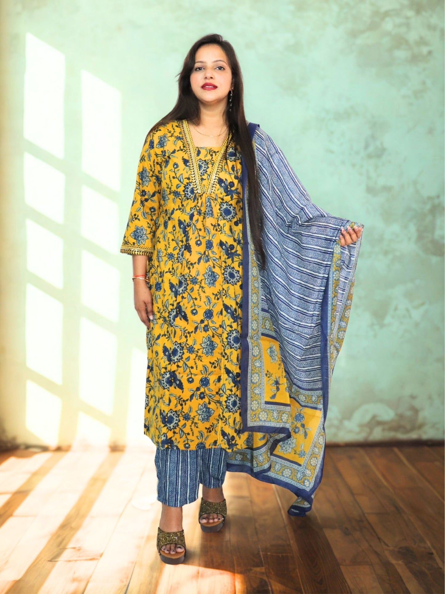 Women Block Printed Anarkali Kurta And Pant Set With Dupatta