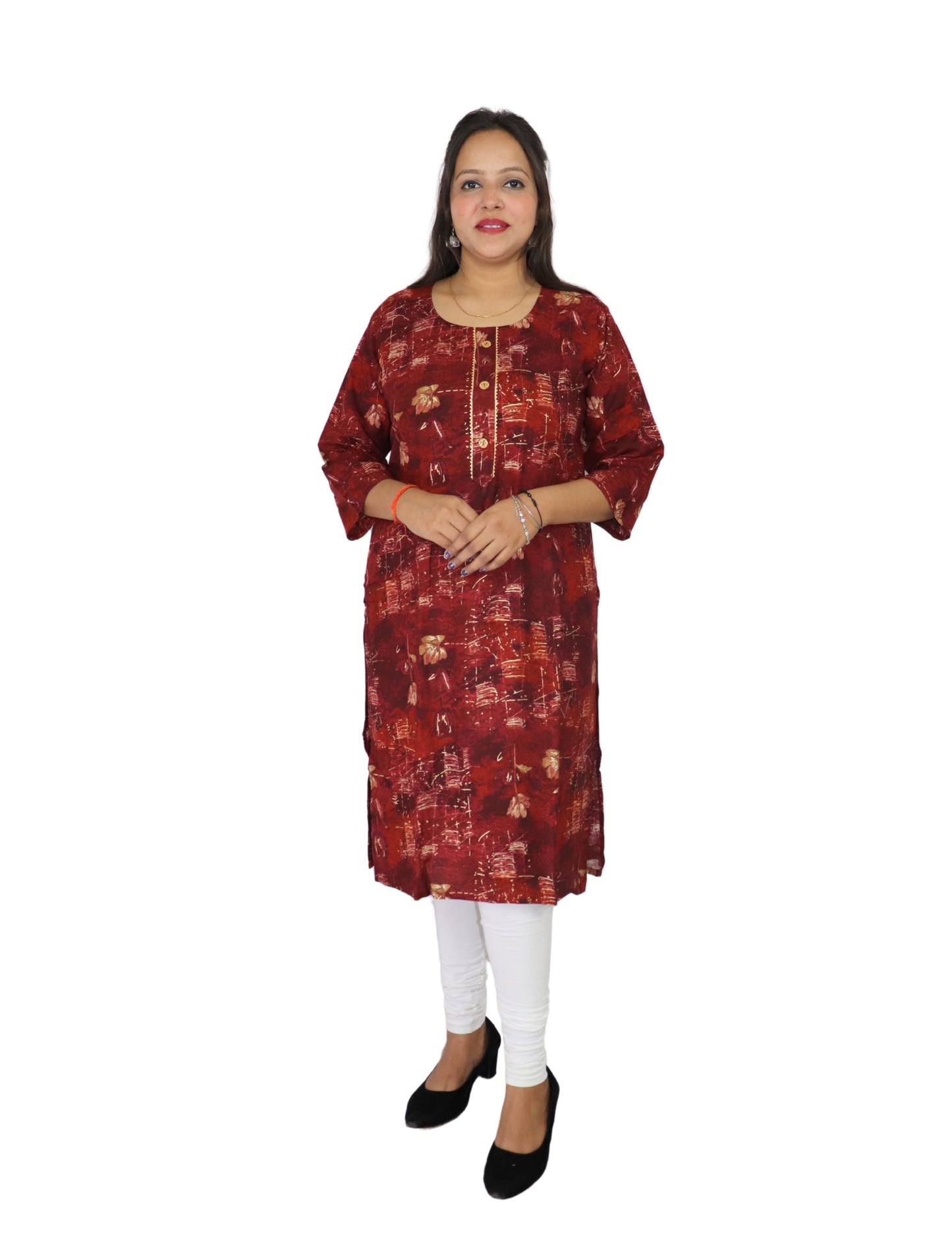 Women's Maroon Floral Print Cotton Kurti with Button Detail, 3/4 Sleeves