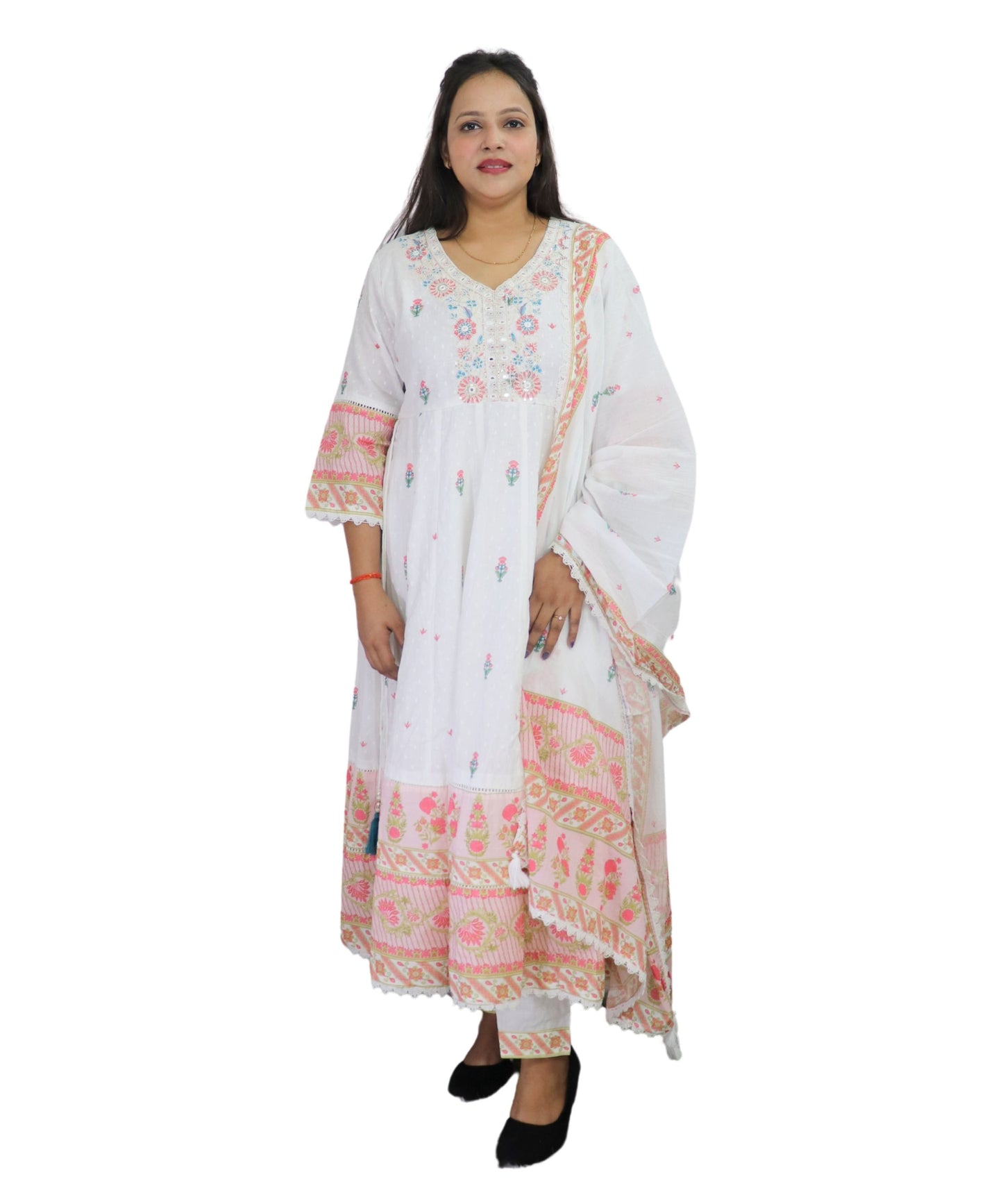 Vedickulture White Cotton Anarkali Suit with Floral Embroidery for Women, Evening wear, 3/4 Sleeves, Dupatta and Pants Set