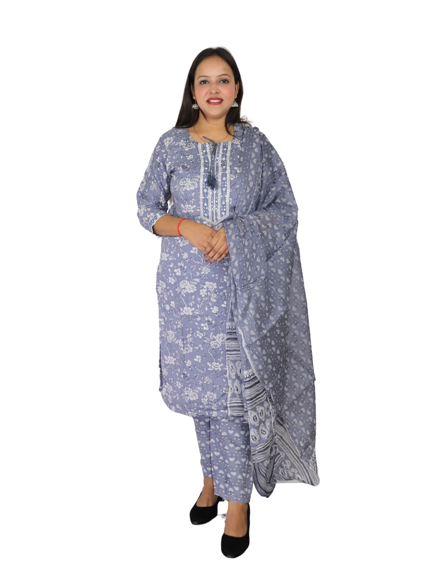 Women's Floral Print Cotton Salwar Suit Set, Grey and White, with Dupatta