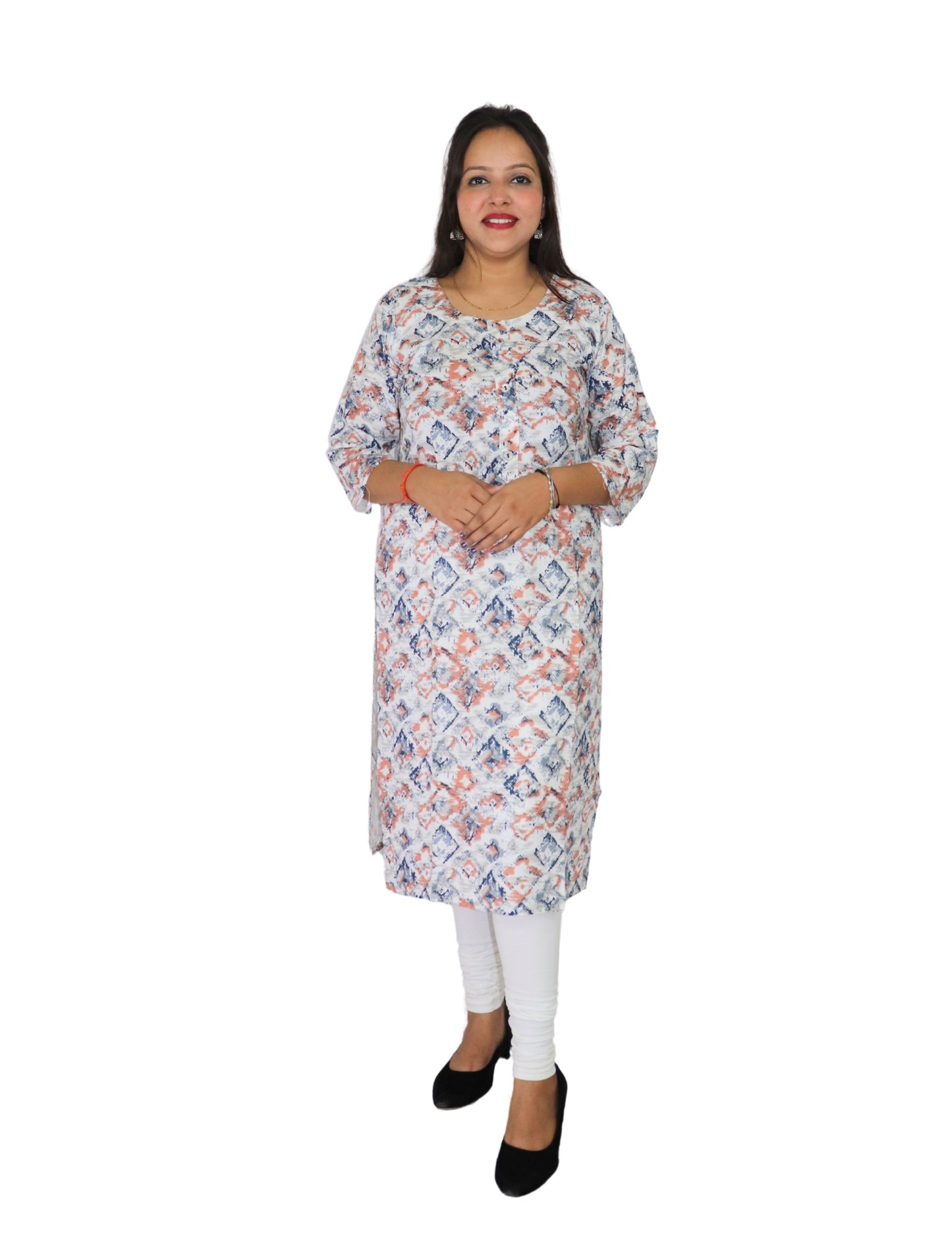 Women's Cotton Kurti with Geometric Print, 3/4 Sleeve, Casual Wear