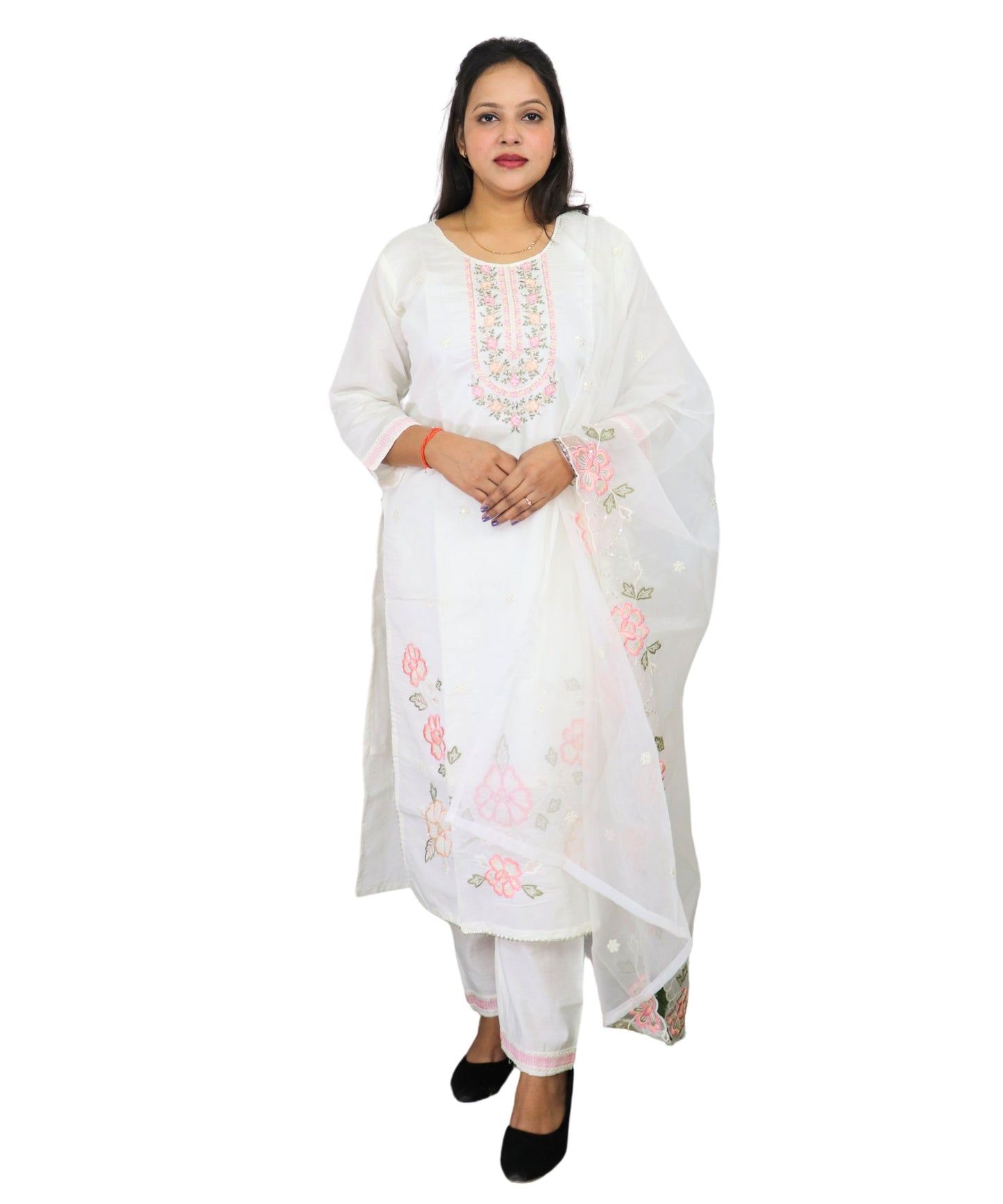 Women's White Cotton Salwar Suit Set with Pink Floral Embroidery, Traditional Indian Kurta with Dupatta