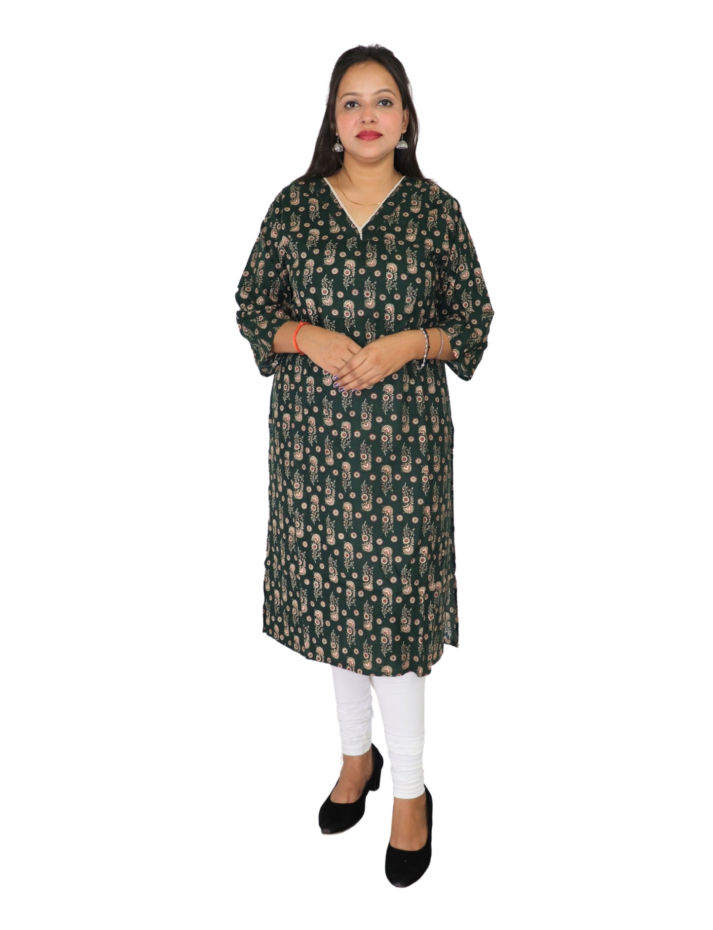 Vedickulture Women's Casual Floral Print Kurta, Dark Green with Paisley Pattern, V-Neck, 3/4 Sleeve