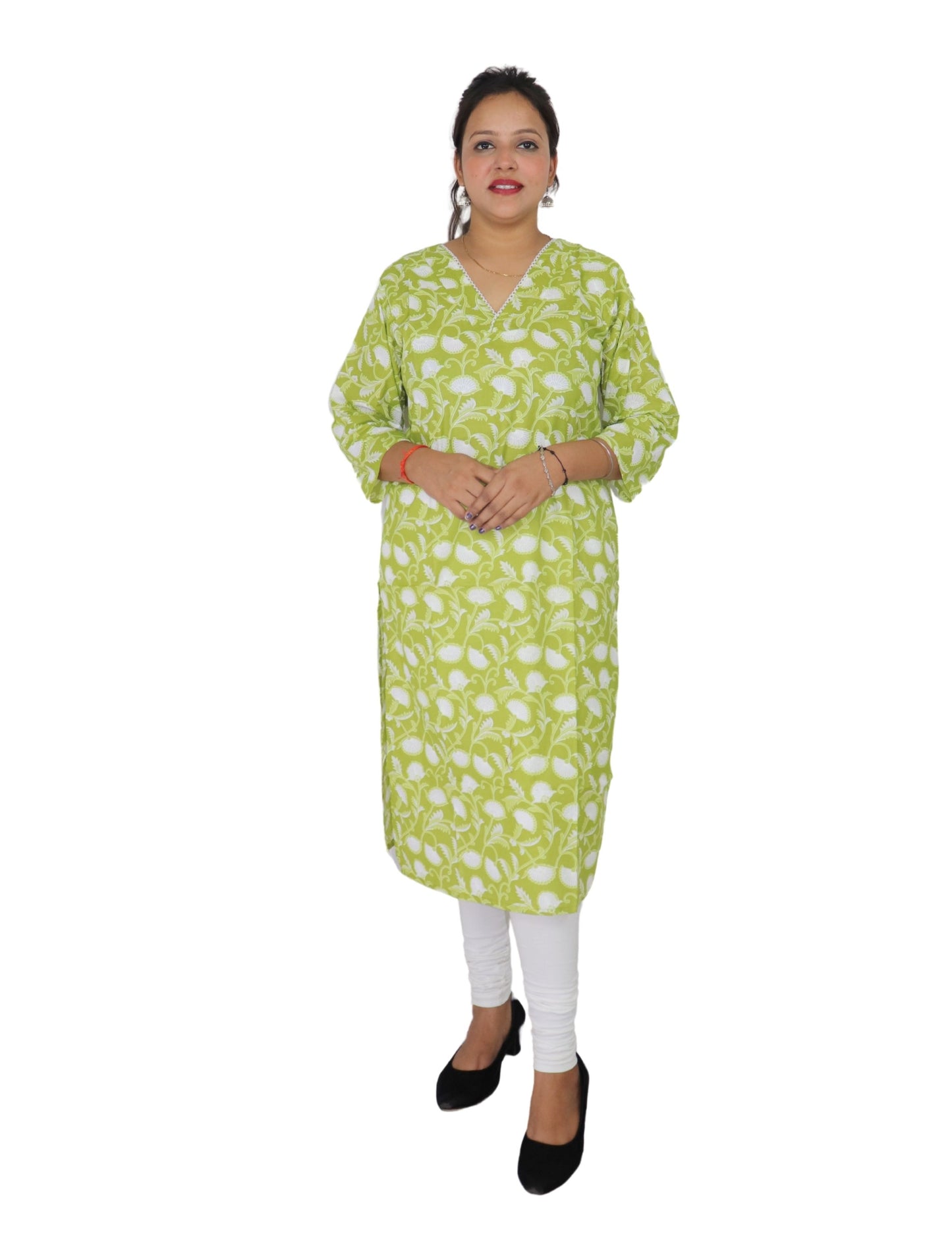 Vedickulture Floral Print Cotton Kurti, V-Neck, Long Sleeve, Lime Green and White, Casual Wear