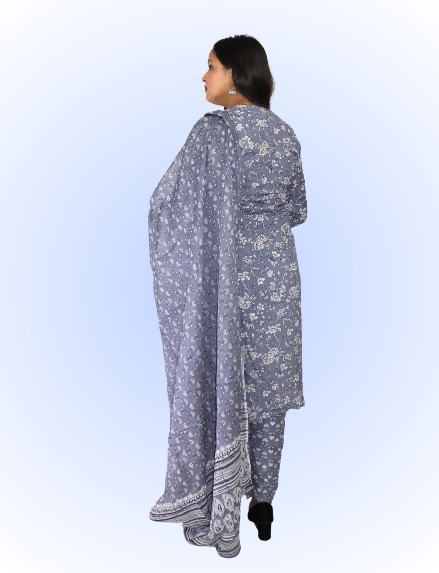 Women's Floral Print Cotton Salwar Suit Set, Grey and White, with Dupatta