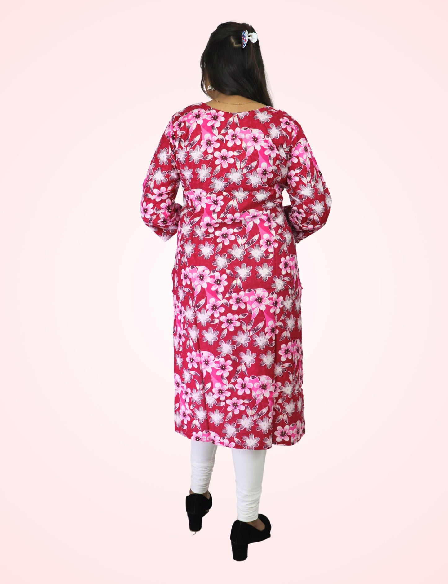 Floral Print Cotton Kurti with V-Neck, 3/4 Sleeves, Pink and White