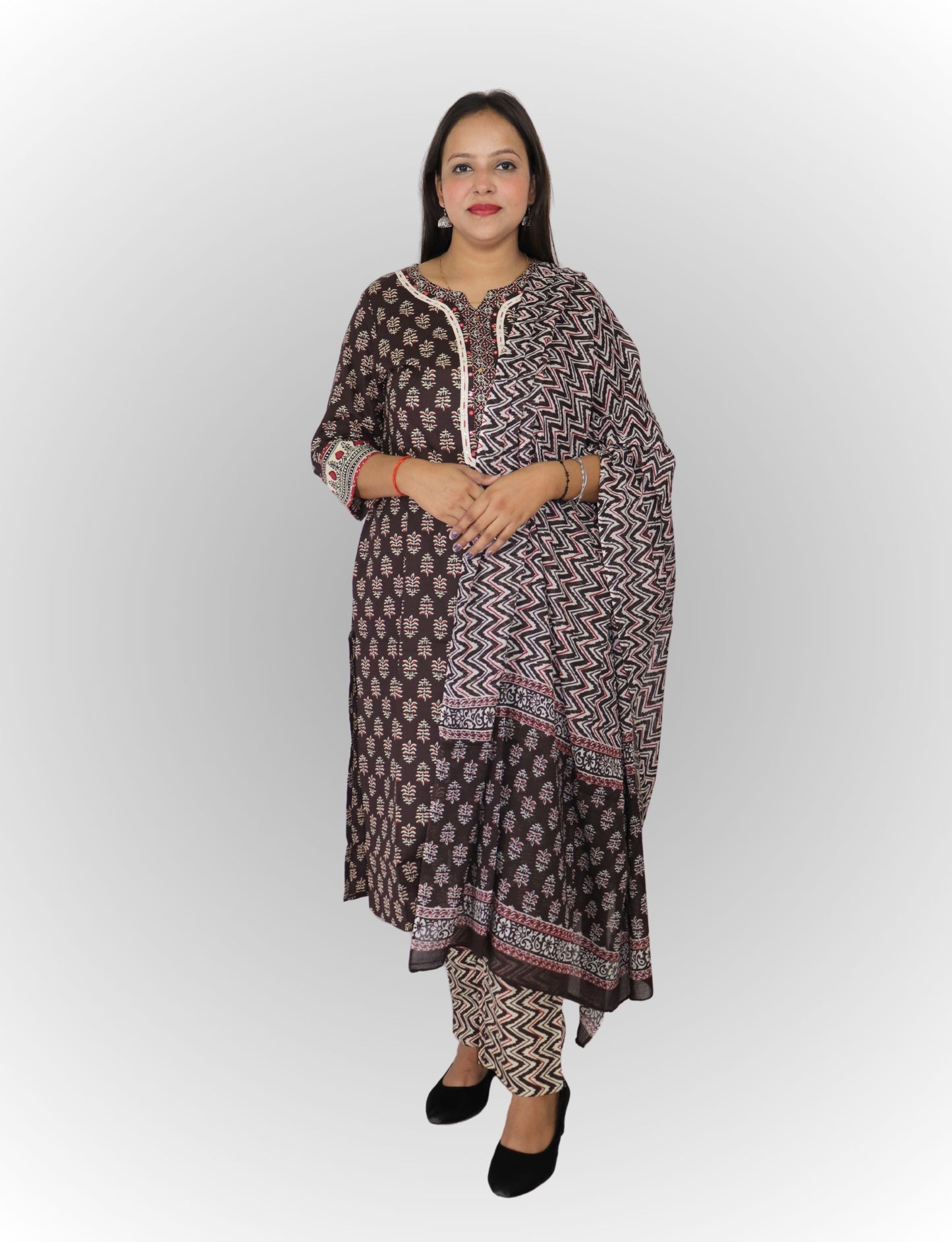 Traditional Block Print Cotton Kurta Set with Chevron Design, Brown and Pink