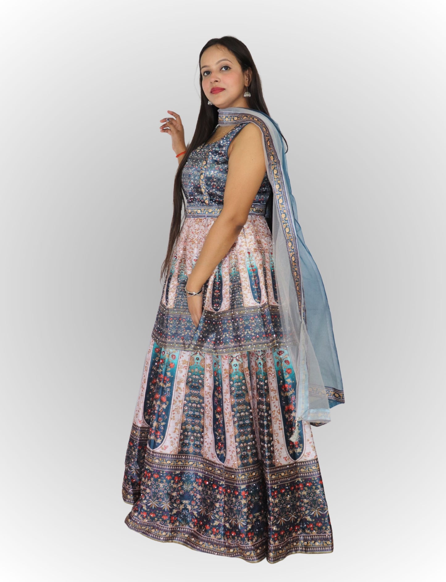 Lehenga Choli Set with Floral Print, Blue and White Embroidered, Net Dupatta