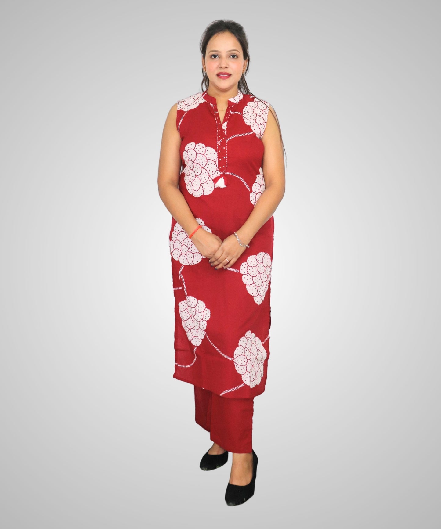 Women's Floral Print Cotton Kurta Set with Mandarin Collar, Sleeveless, Red and White