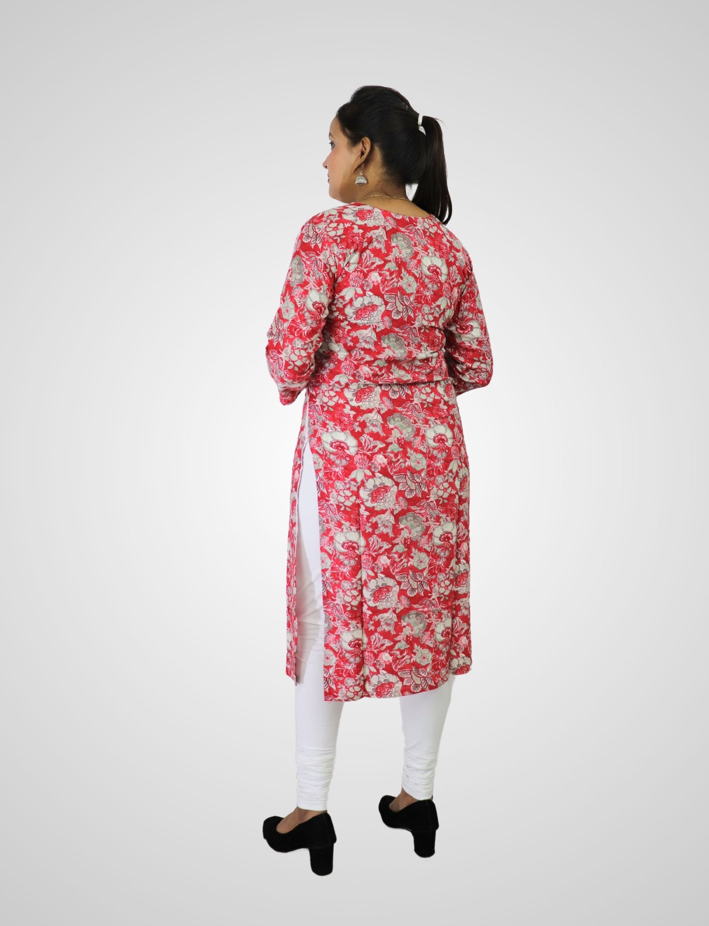 Floral Print Cotton Kurti with Pearl V-Neck, 3/4 Sleeves, Red and Grey, Casual Wear