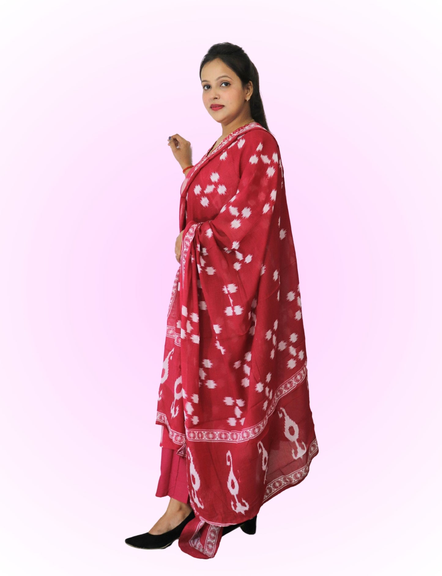 Traditional Salwar Suit Set with Dupatta, Red and White Printed, 3/4 Sleeve