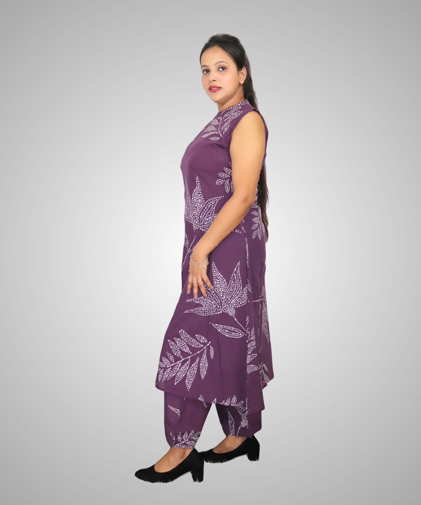 Women's Sleeveless Coordinated outfit, Purple with White Dotted Floral Print