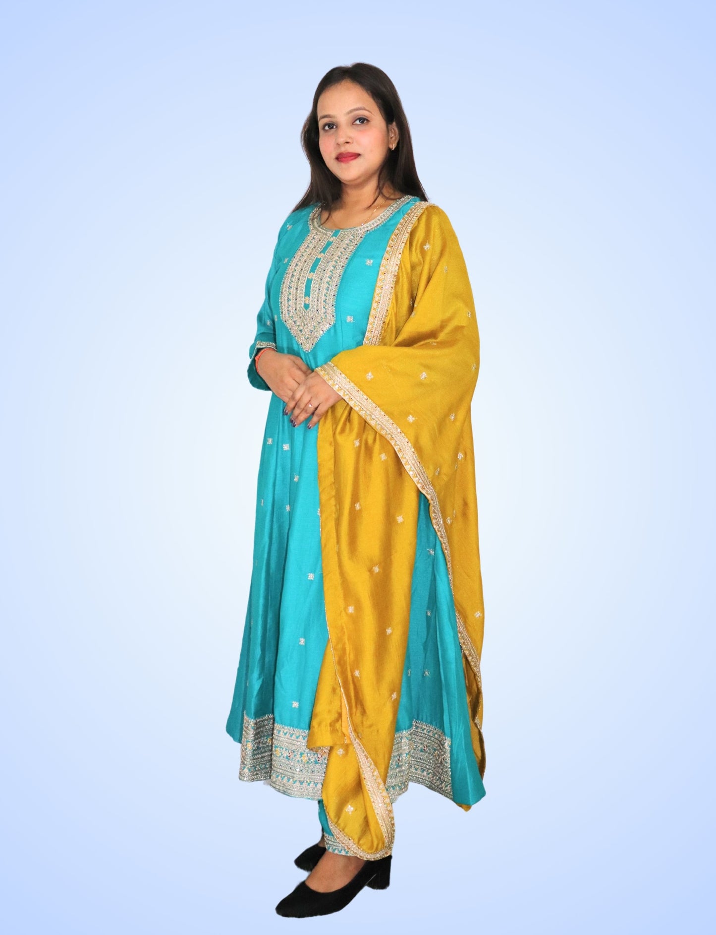 Traditional Turquoise Embroidered Anarkali Suit Set with Yellow Dupatta, 3-Piece Ethnic Wear