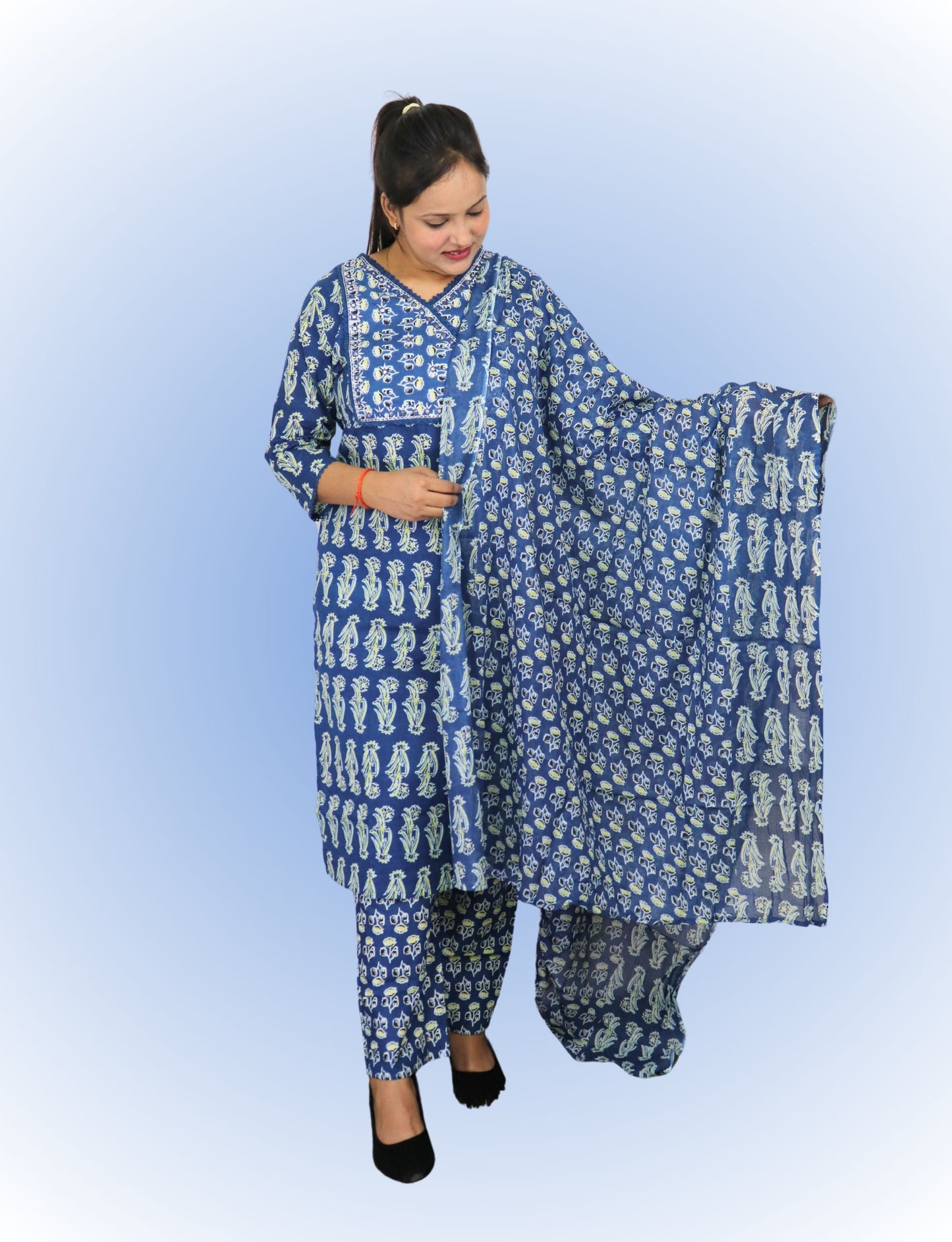 Vedickulture Traditional Cotton Salwar Kameez Set, Blue Block Print, V-Neck, Full Sleeves