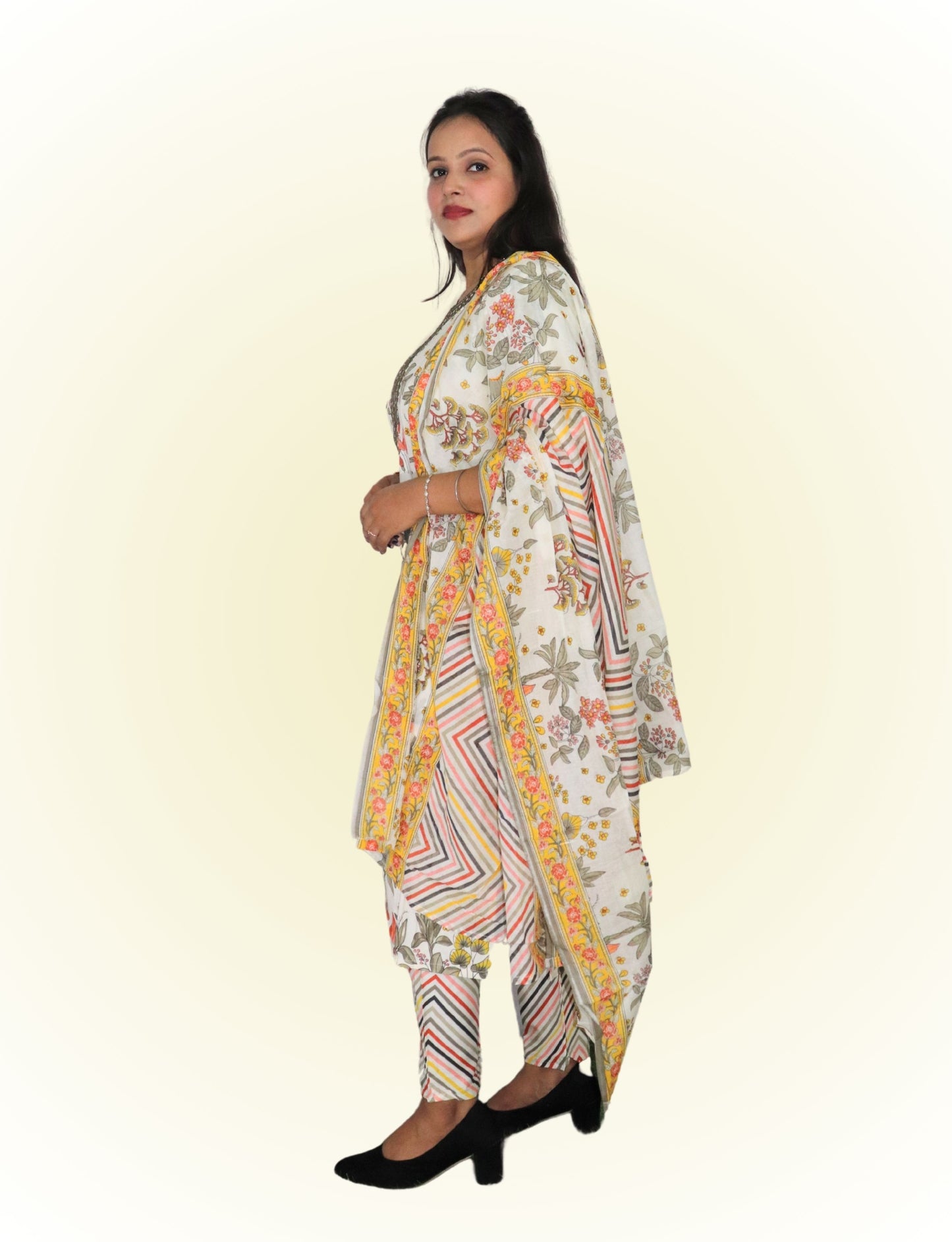 Women's Floral Print Cotton Salwar Suit Set with Embellished Neckline, 3/4 Sleeves, Chevron Dupatta, White and Multicolor