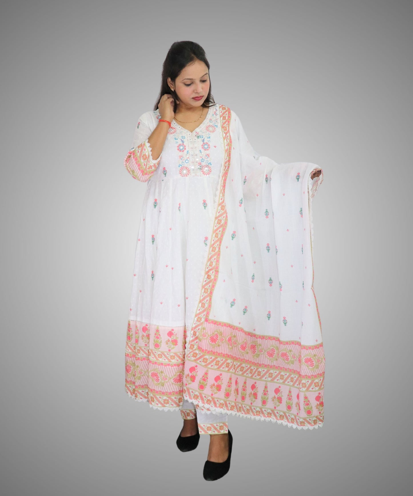 Vedickulture White Cotton Anarkali Suit with Floral Embroidery for Women, Evening wear, 3/4 Sleeves, Dupatta and Pants Set