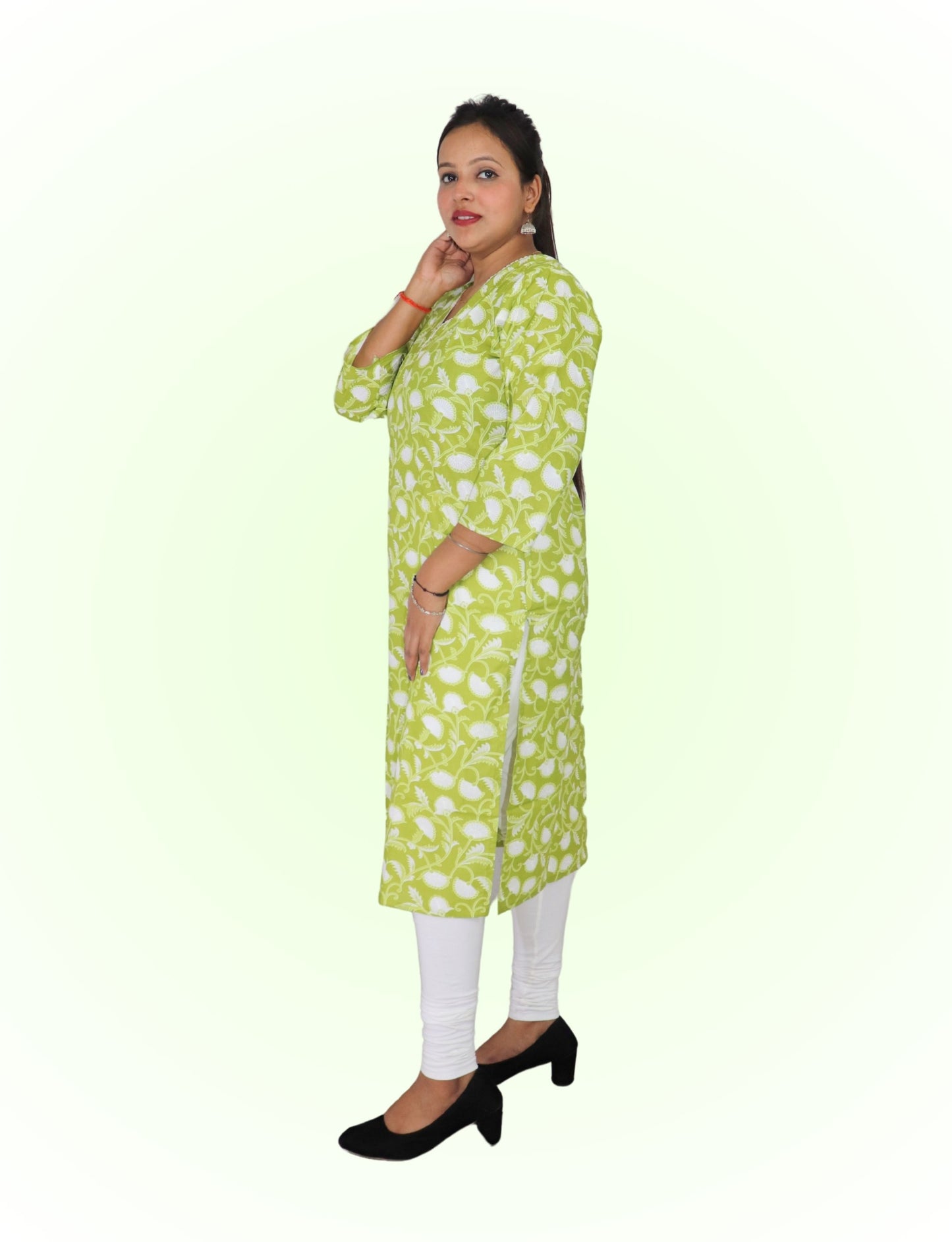 Vedickulture Floral Print Cotton Kurti, V-Neck, Long Sleeve, Lime Green and White, Casual Wear