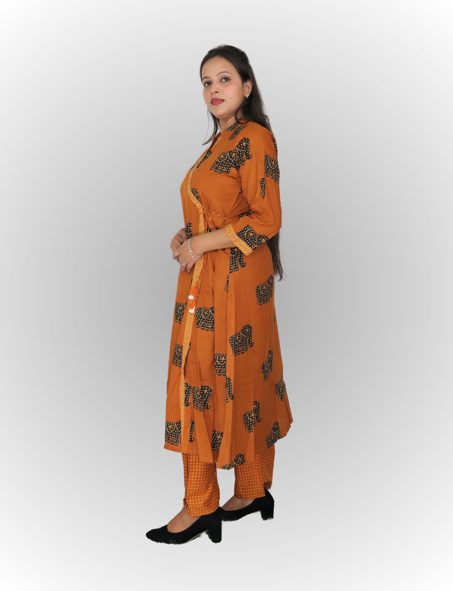 Traditional Elephant Print Angrakha Kurta Set with Pants, Cotton, 3/4 Sleeve