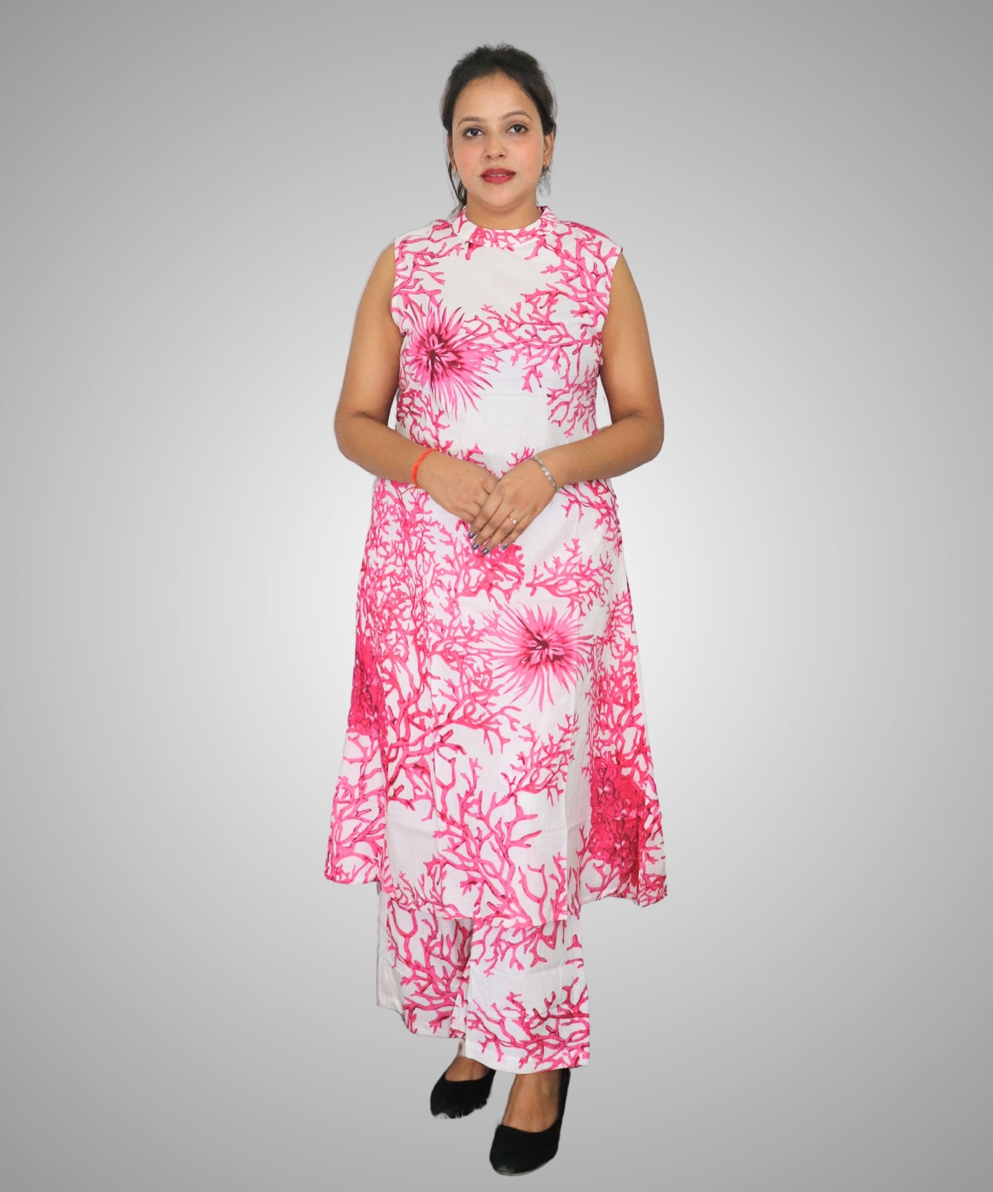 Women's Floral Print Sleeveless Co-ord Set, White and Pink, Coral Pattern
