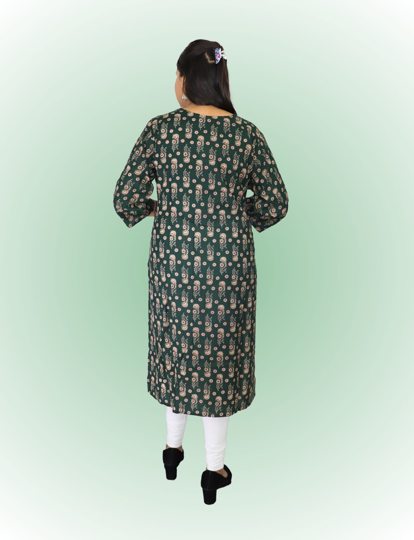 Vedickulture Women's Casual Floral Print Kurta, Dark Green with Paisley Pattern, V-Neck, 3/4 Sleeve