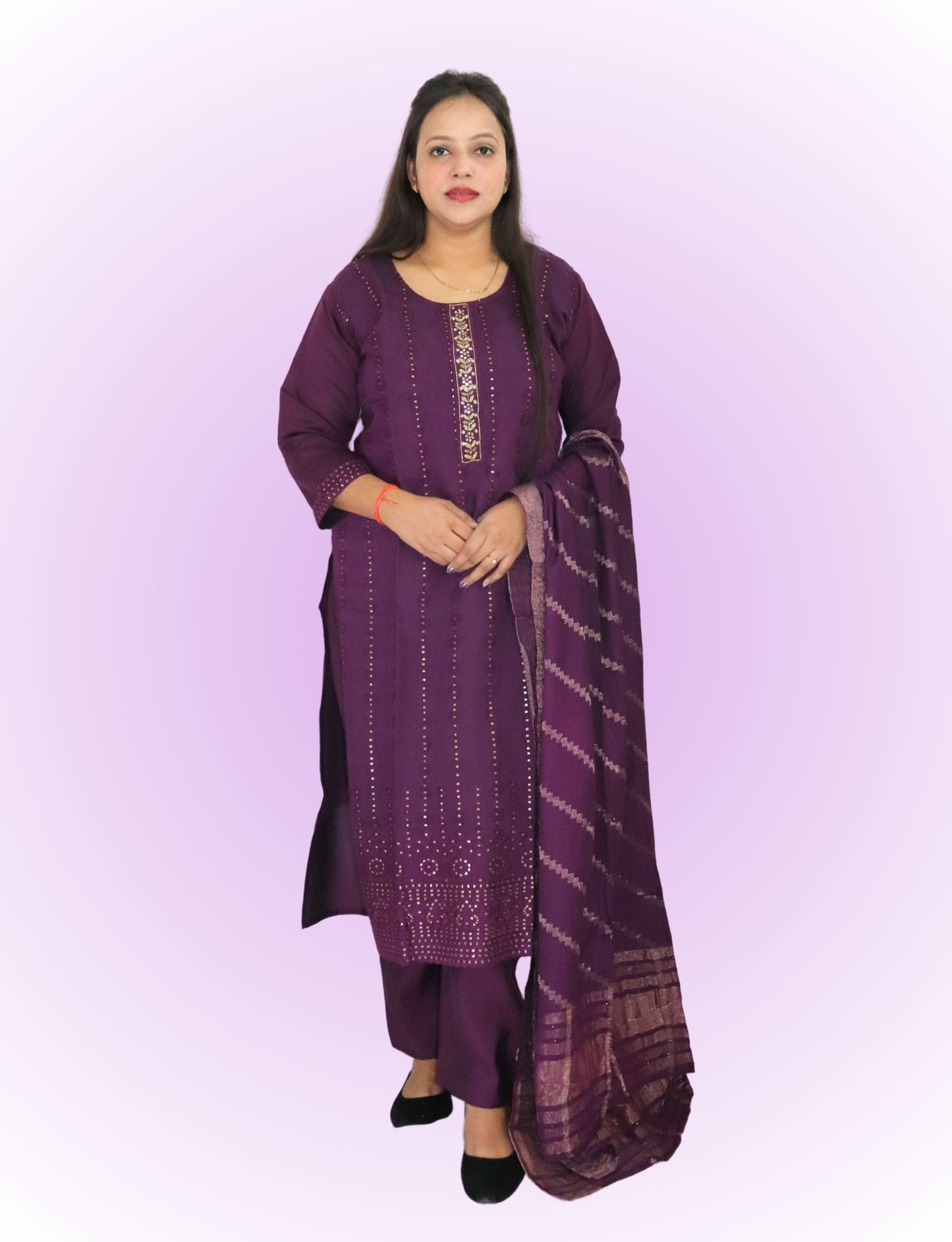 Traditional Purple Cotton Salwar Suit Set with Embroidered Kurta, Salwar and Dupatta