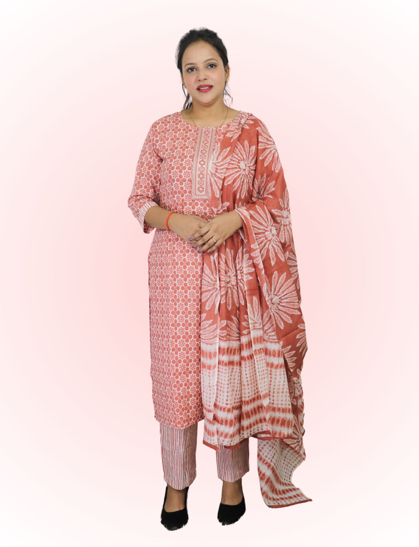 Cotton Printed Salwar Suit Set, Coral Pink Floral Pattern, 3/4 Sleeve Kurta with Salwar and Dupatta