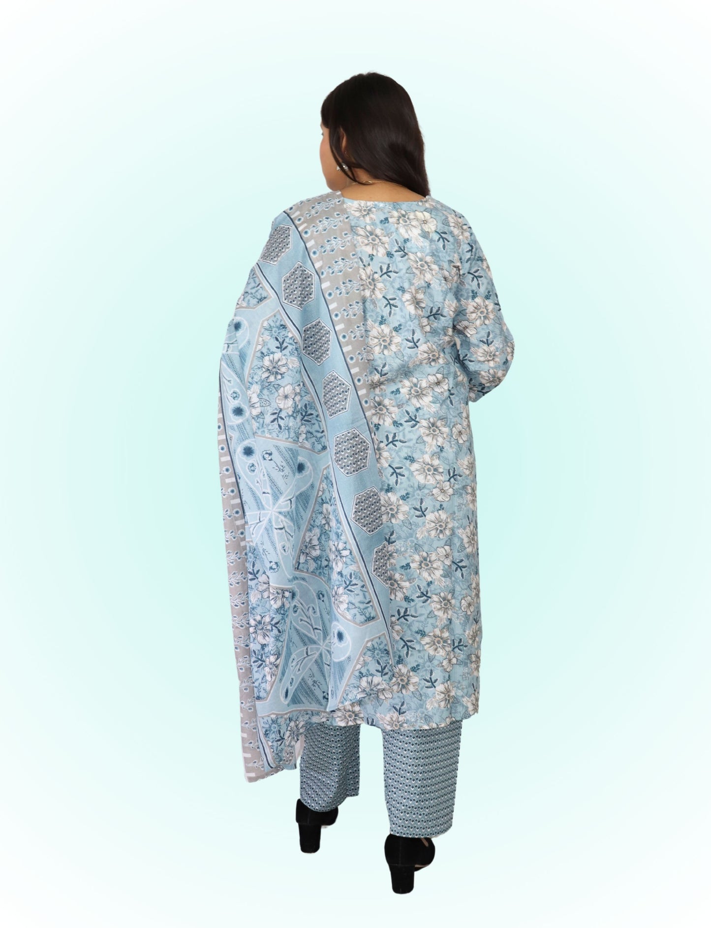 Floral Cotton Salwar Suit Set, Blue with Flowers, Matching Pants, Dupatta